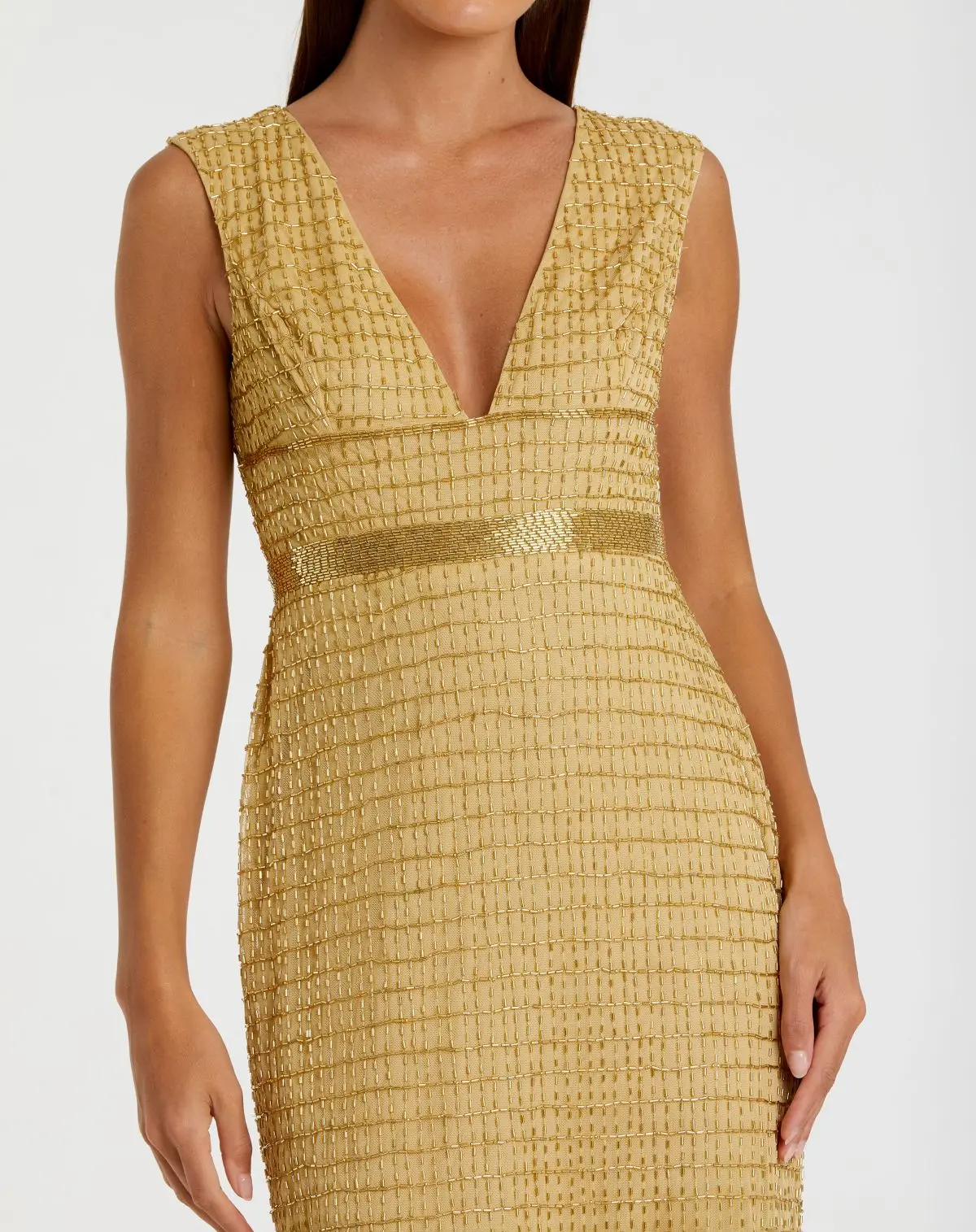 Gold Beaded Cap Sleeve V Neck Column Gown - Image 2