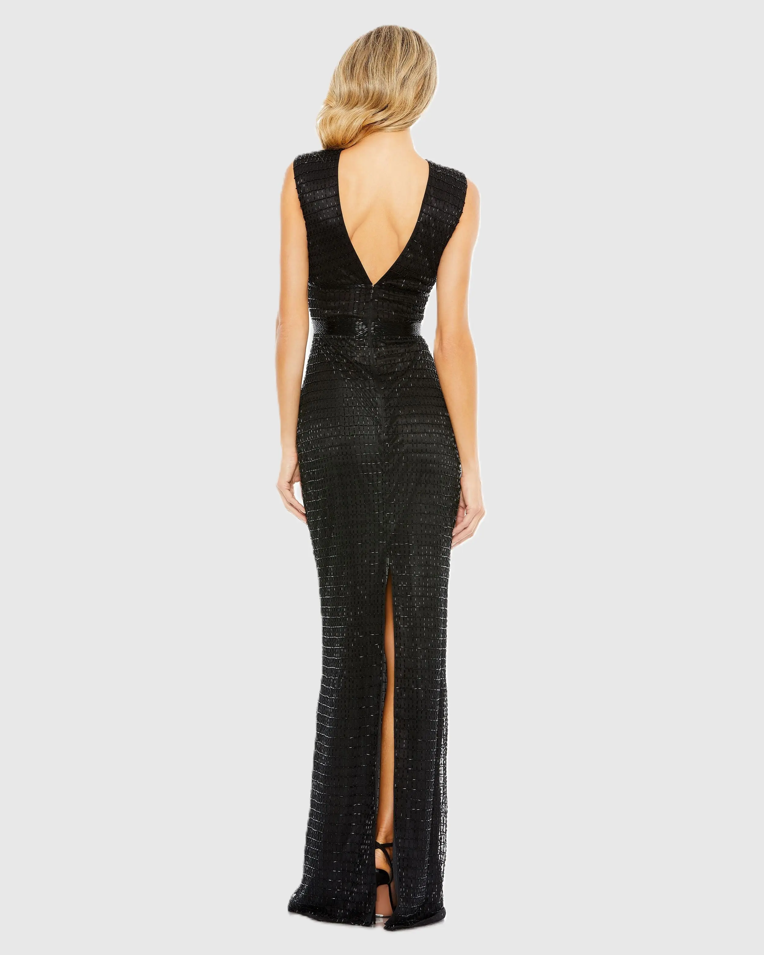Black Beaded Cap Sleeve V Neck Column Gown - Image 3