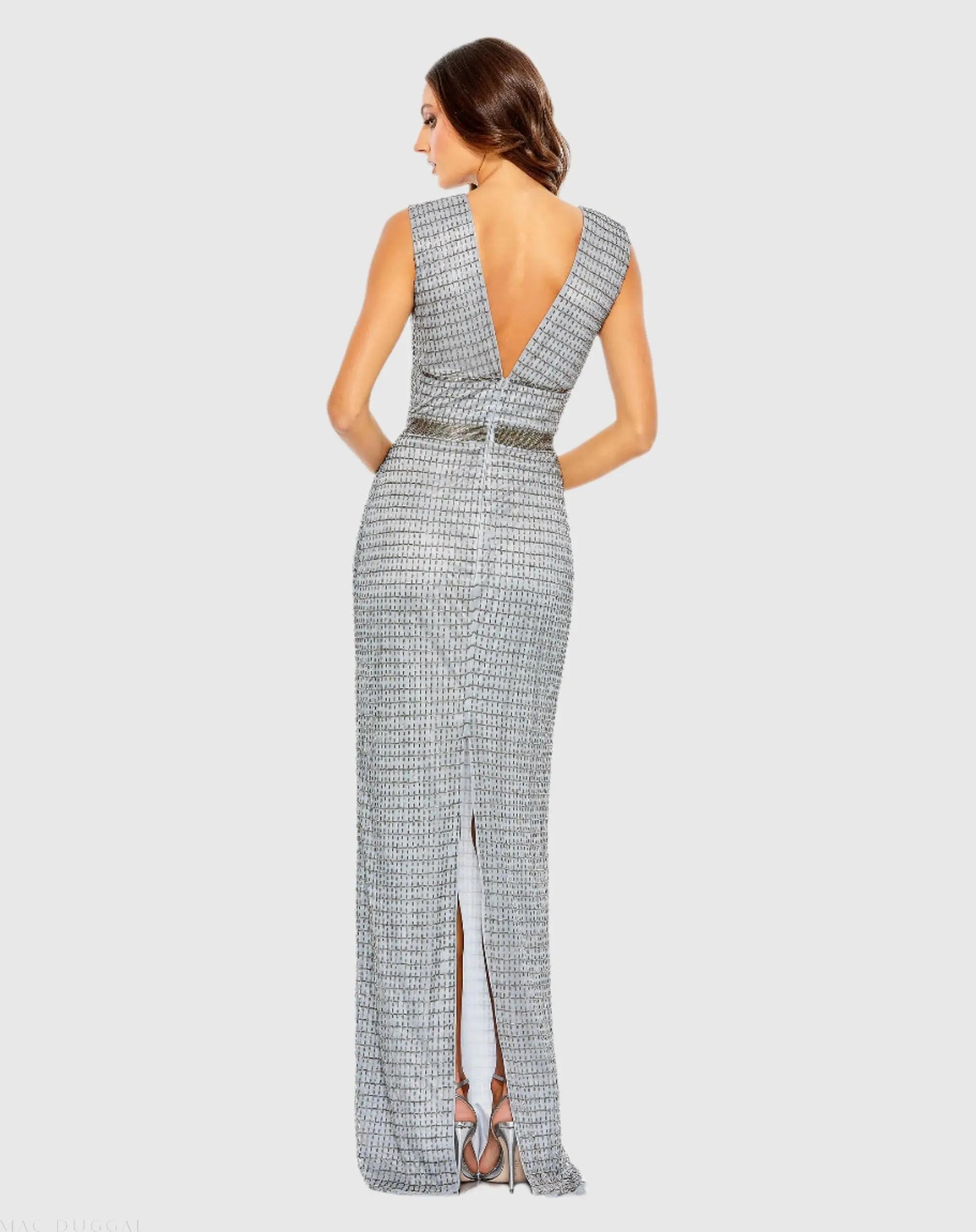 Silver Beaded Cap Sleeve V Neck Column Gown - Image 3
