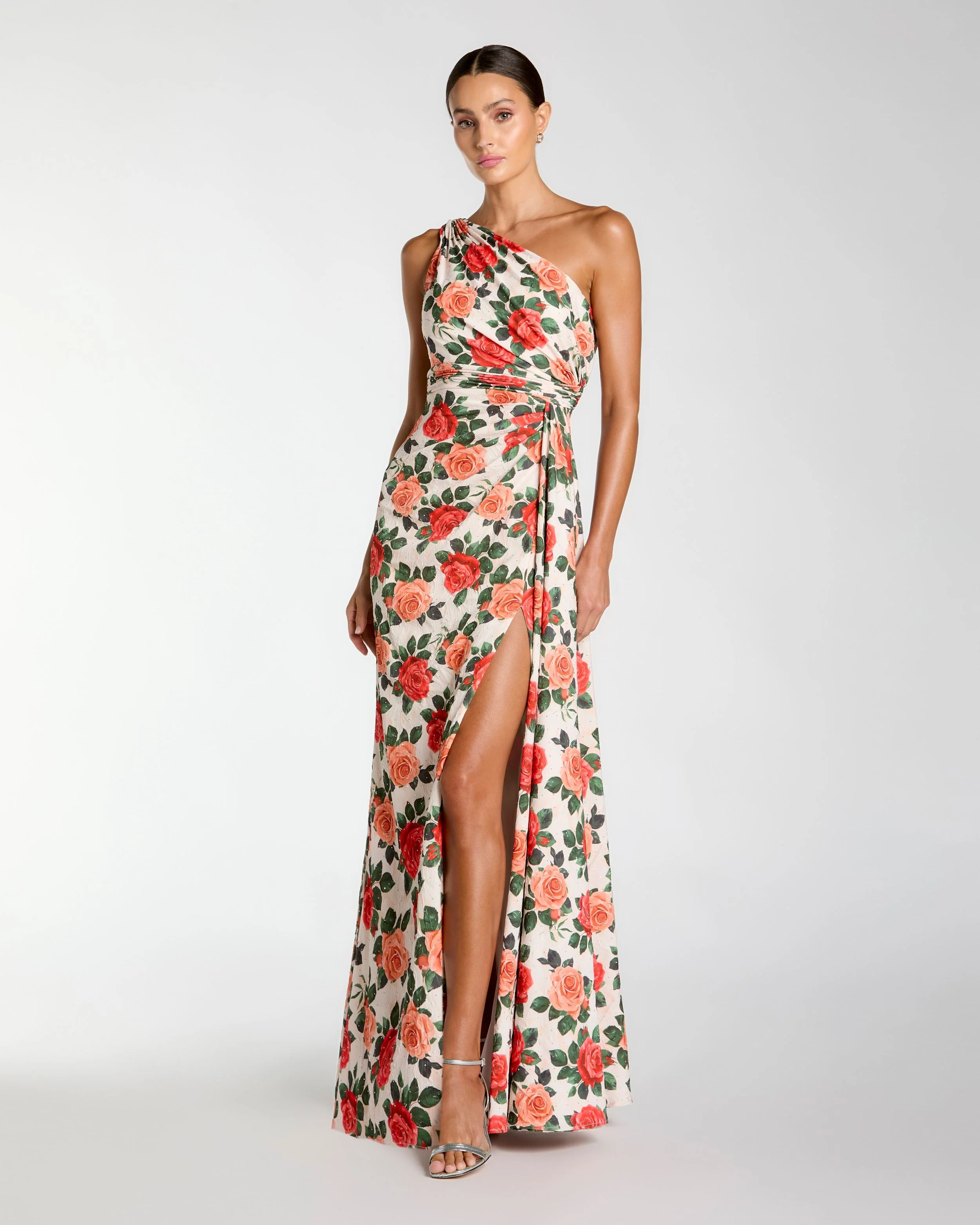 Multicolor Floral One Shoulder Slit Gown