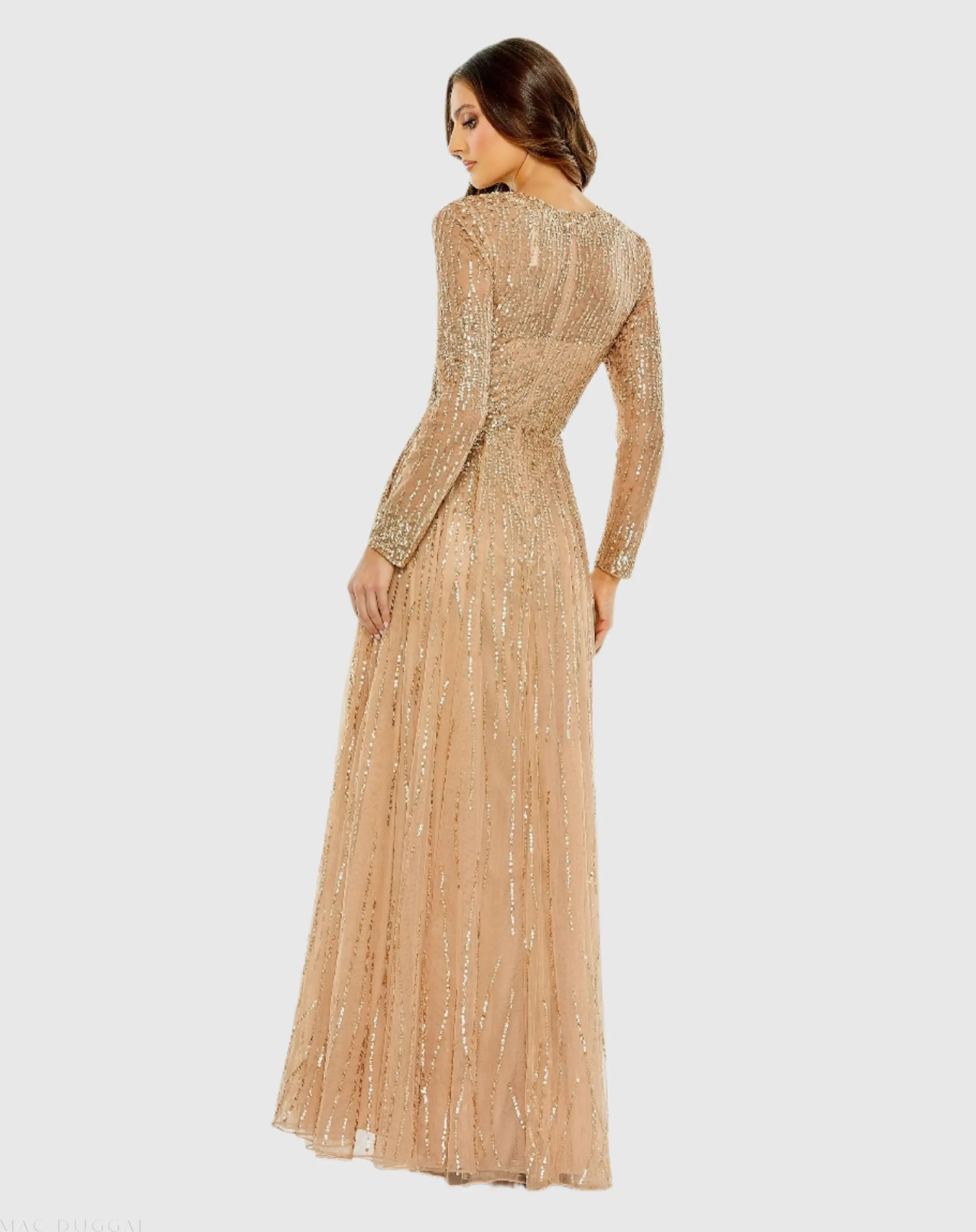 Beige Illusion High Neck Long Sleeve Embellished Gown - Image 3