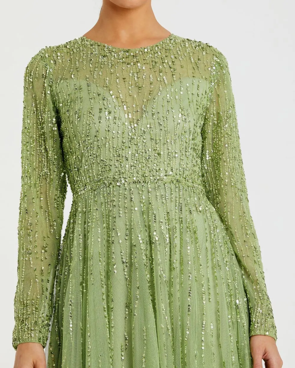 Green Illusion High Neck Long Sleeve Embellished Gown - Image 2