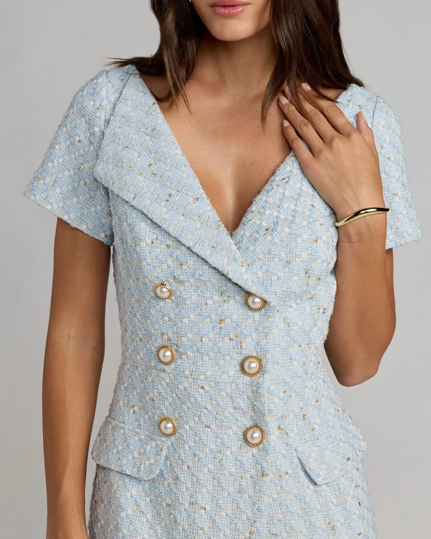 Blue Boucle Cap Sleeve Fitted Midi Dress - Image 2