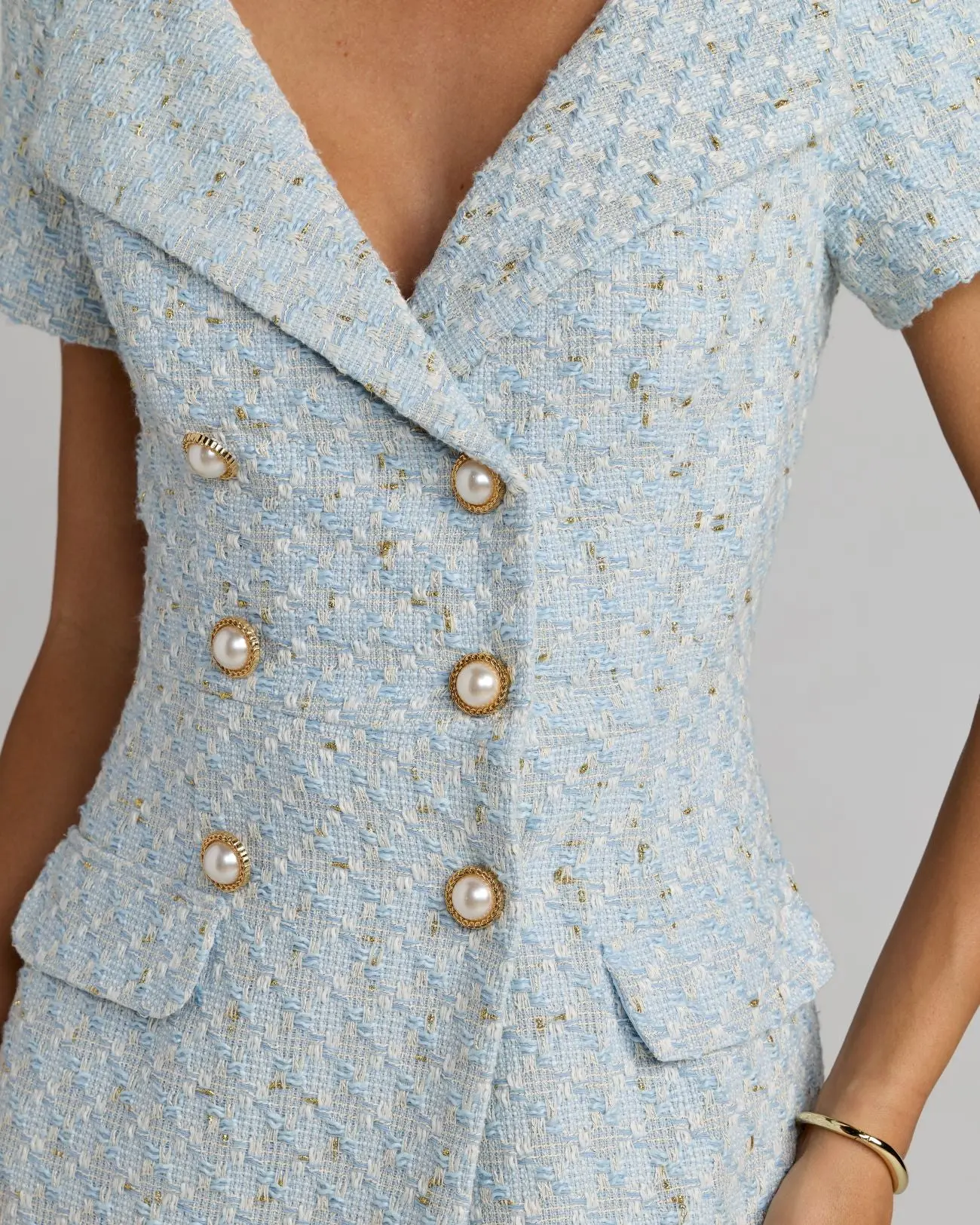 Blue Boucle Cap Sleeve Fitted Midi Dress - Image 3
