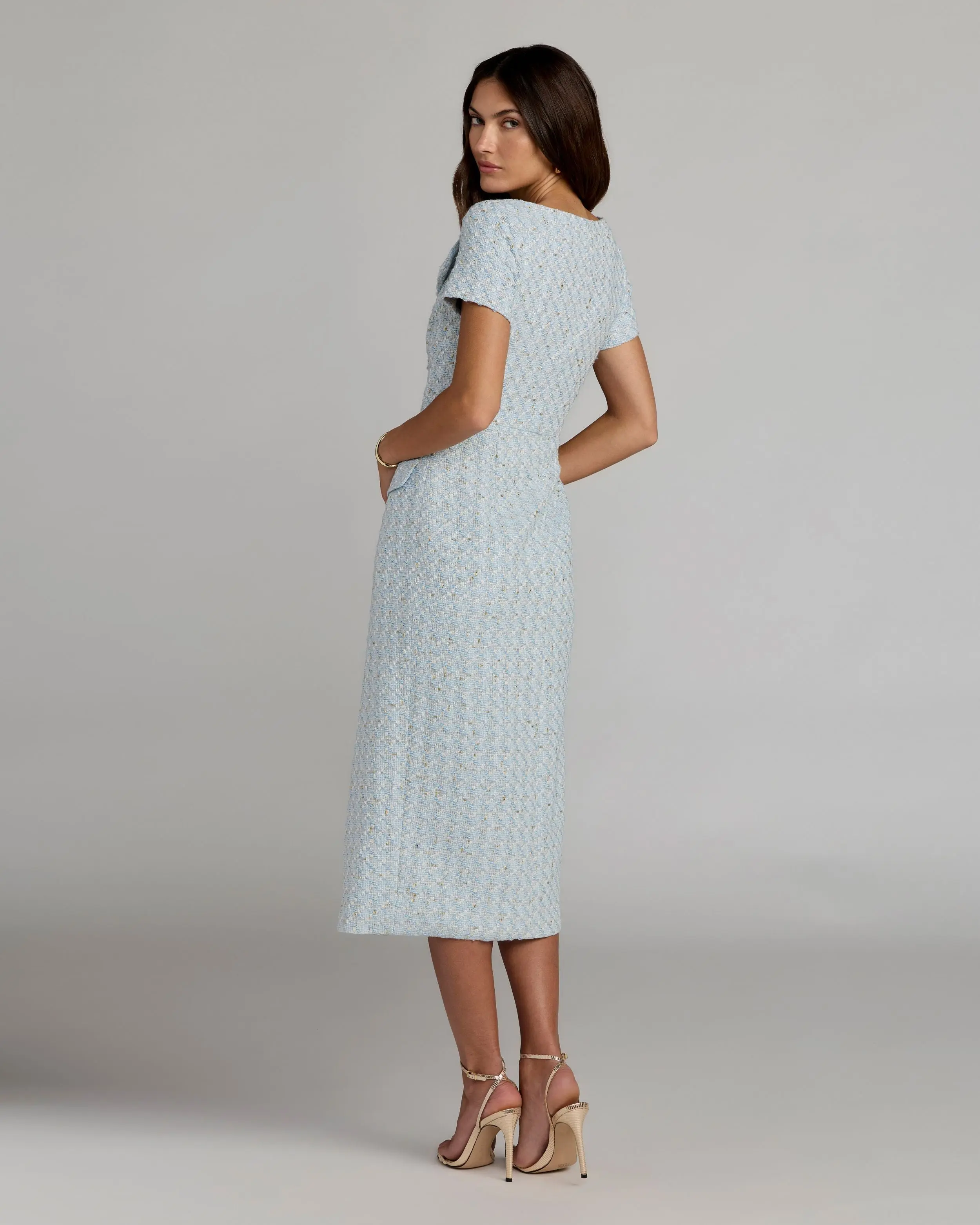 Blue Boucle Cap Sleeve Fitted Midi Dress - Image 4