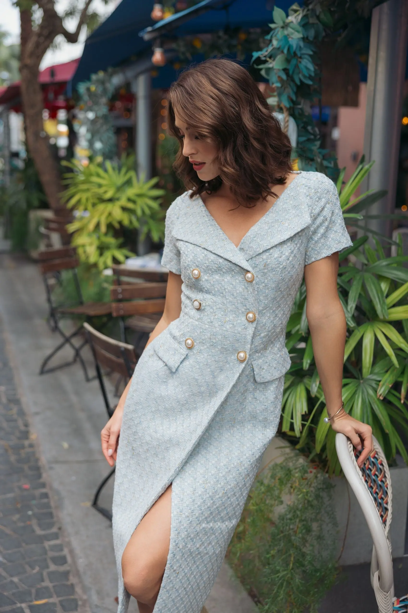 Blue Boucle Cap Sleeve Fitted Midi Dress - Image 6