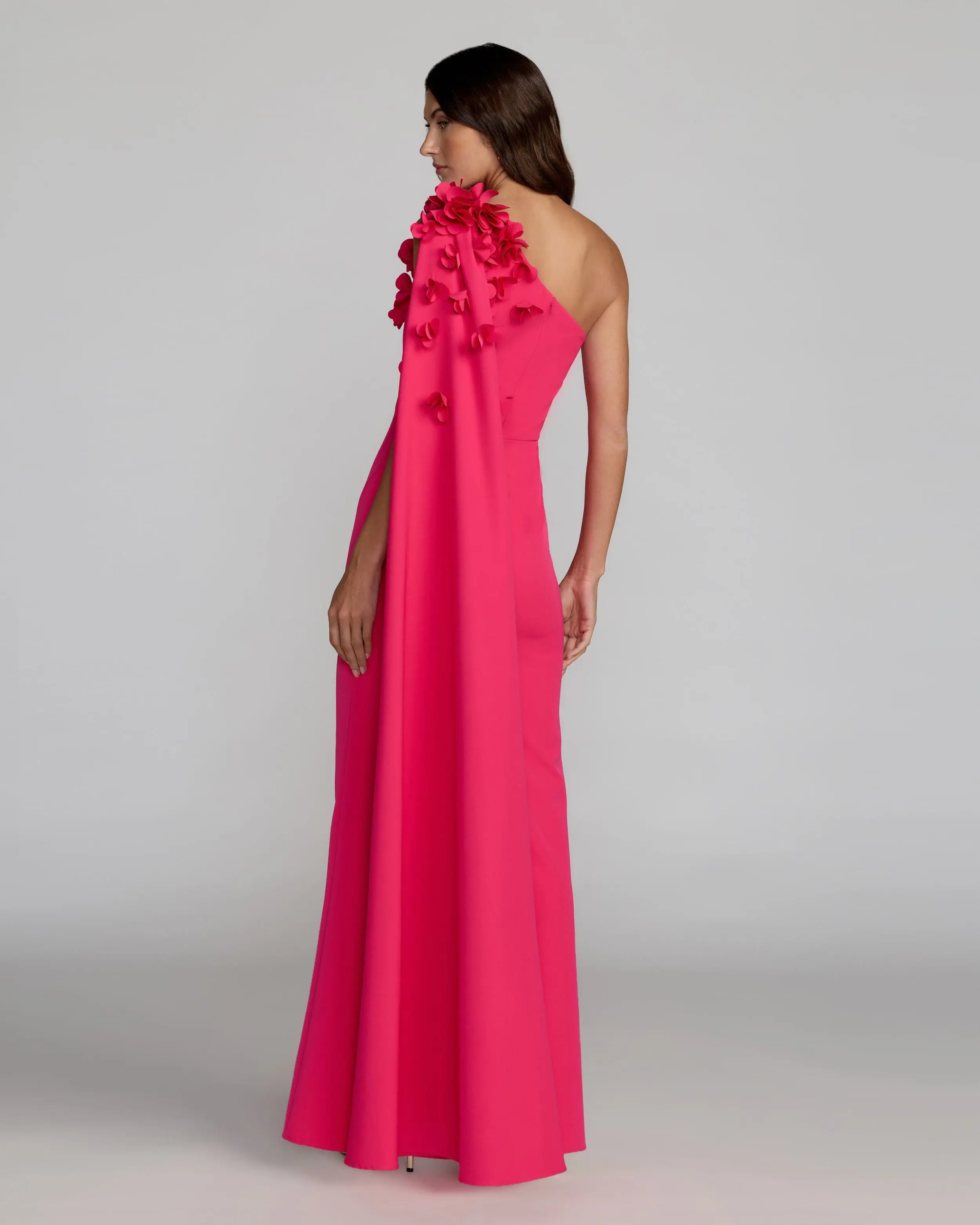 Pink One Shoulder 3D Floral Cape Gown - Image 3