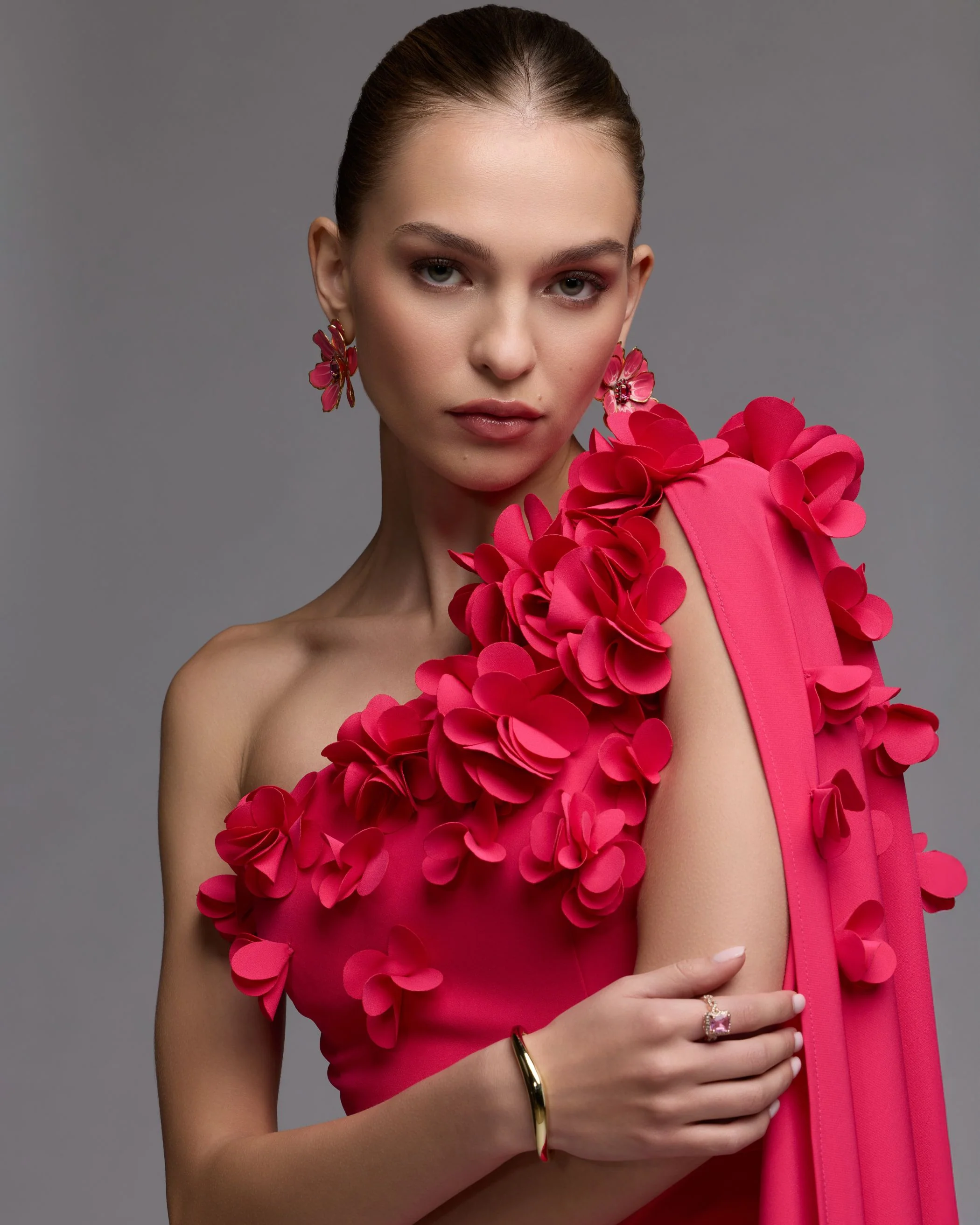 Pink One Shoulder 3D Floral Cape Gown - Image 5