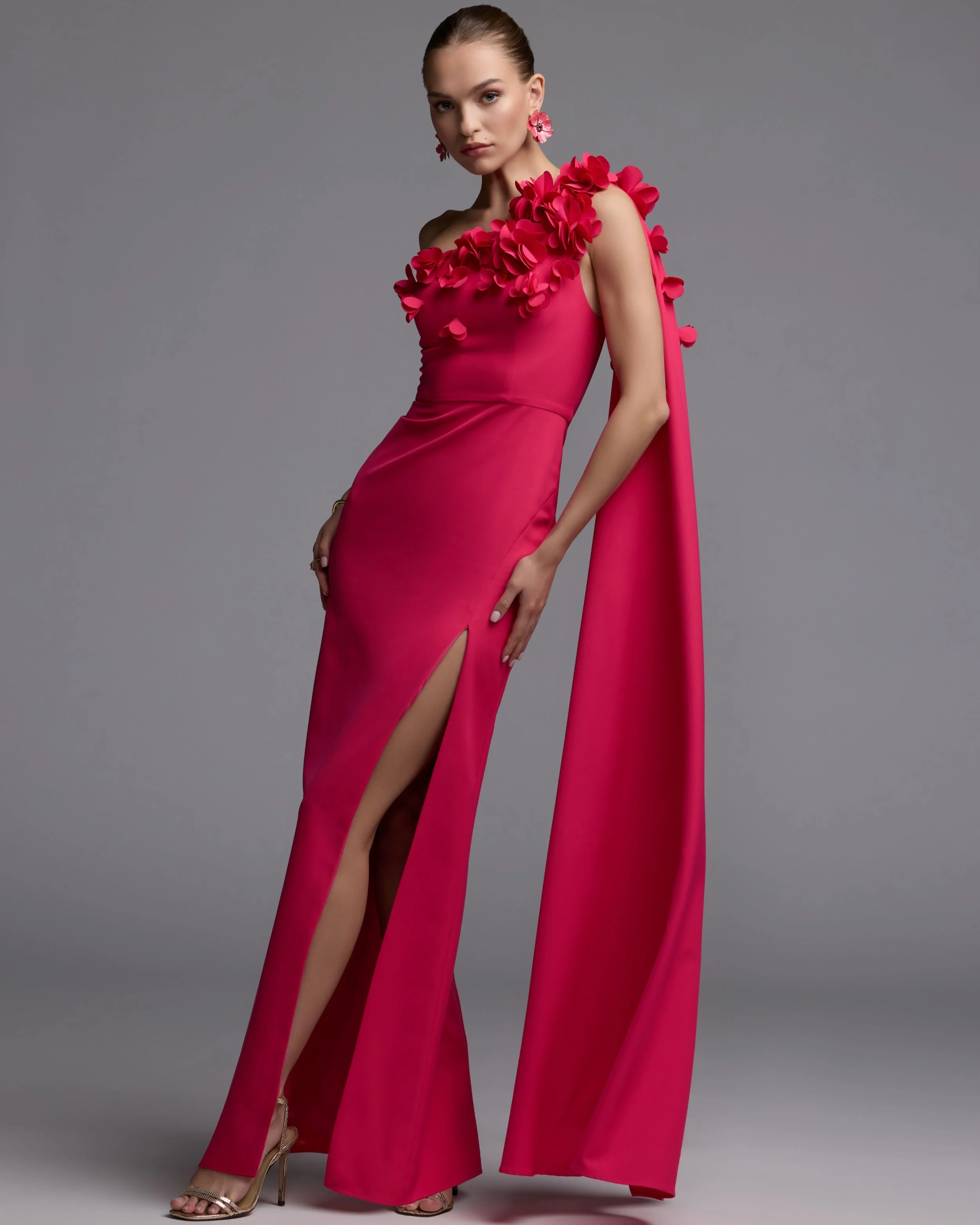 Pink One Shoulder 3D Floral Cape Gown - Image 6