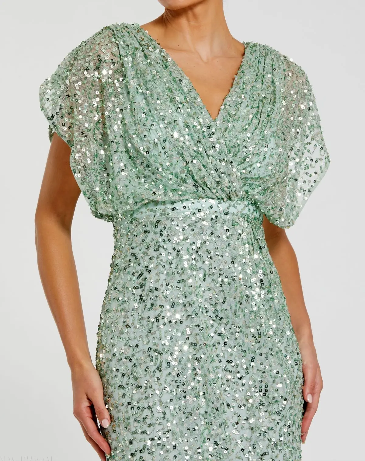 Green Sequin Draped Sleeve V-Neck Gown - Image 2