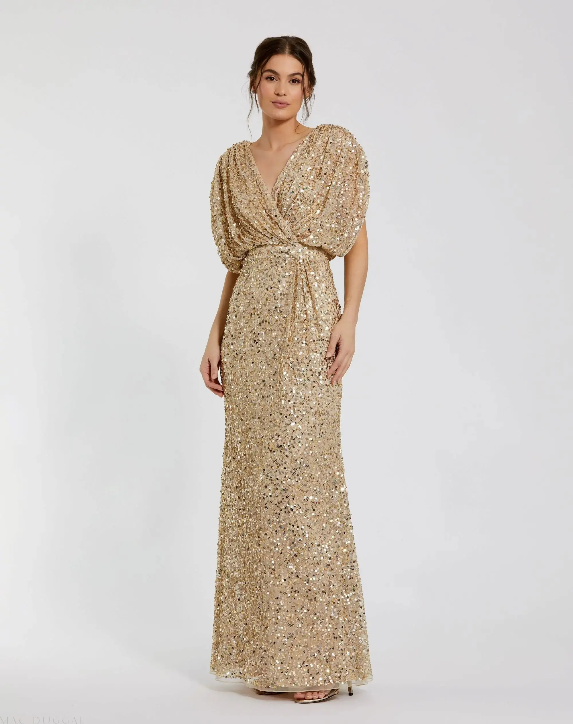 Gold Sequin Draped Sleeve V-Neck Gown
