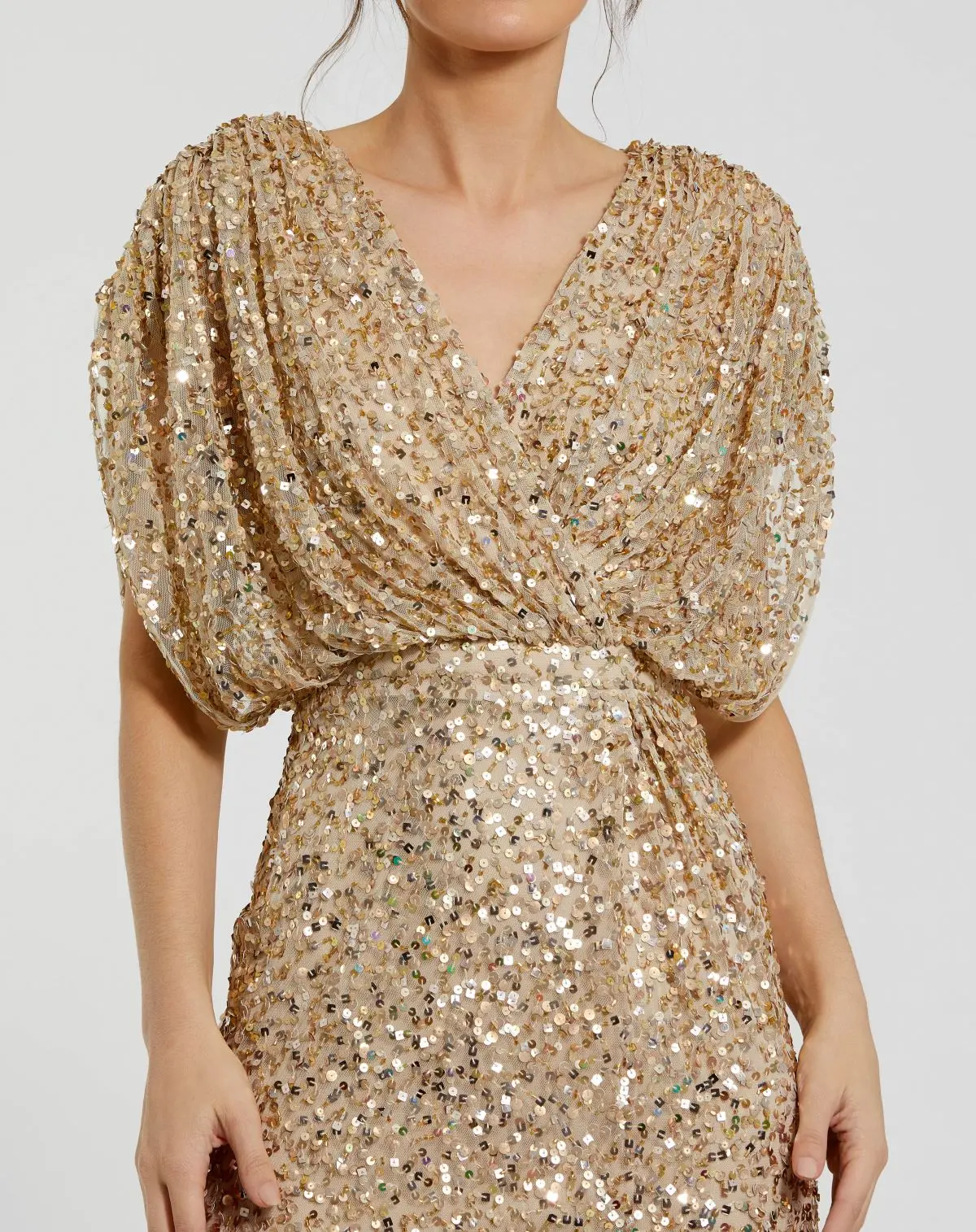 Gold Sequin Draped Sleeve V-Neck Gown - Image 2