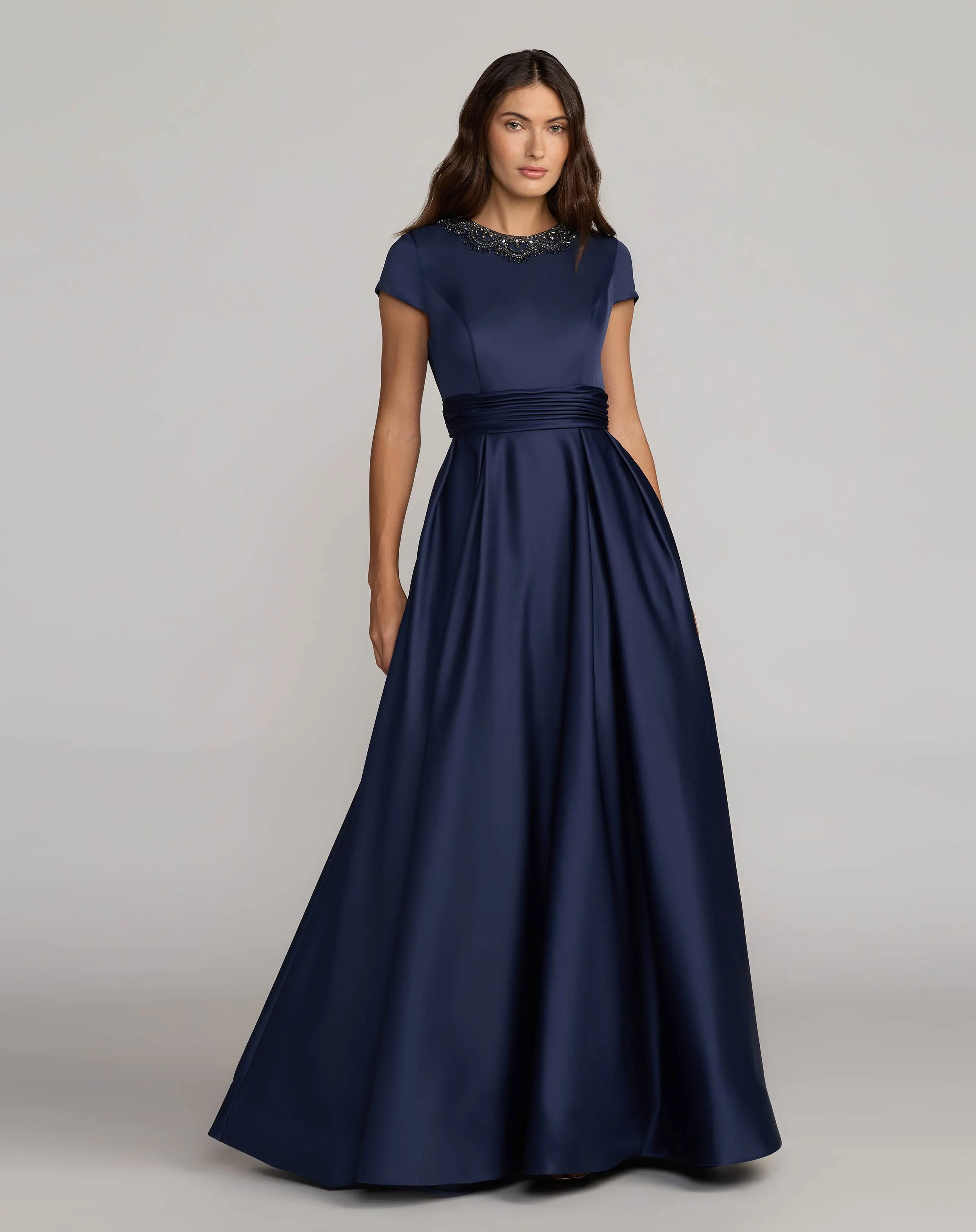 Navy Embellished Satin Cap Sleeve Ball Gown