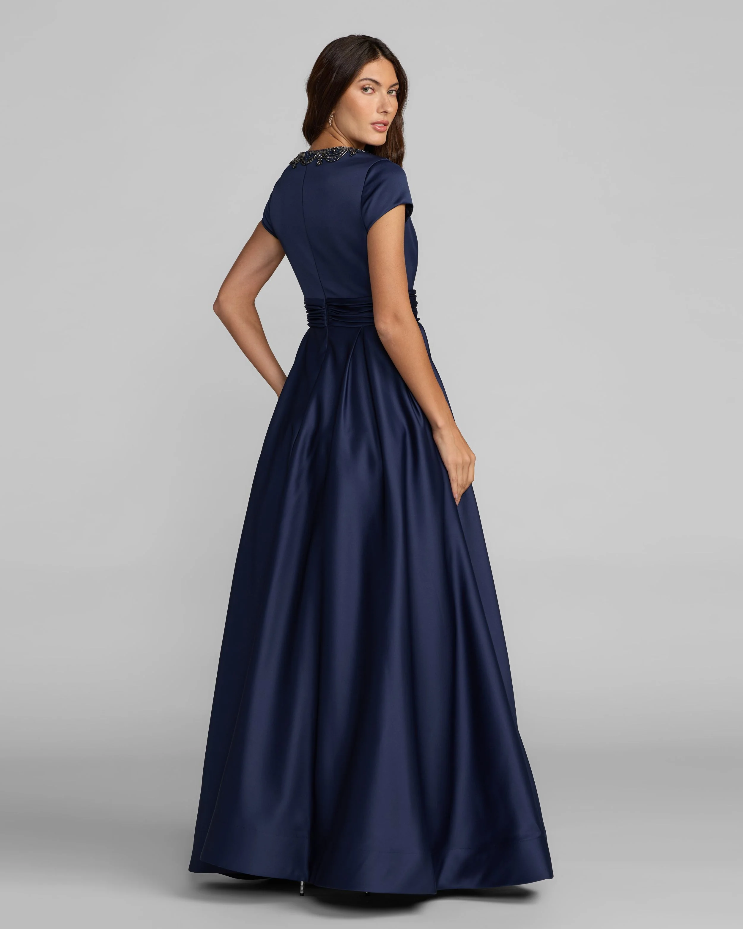 Navy Embellished Satin Cap Sleeve Ball Gown - Image 3