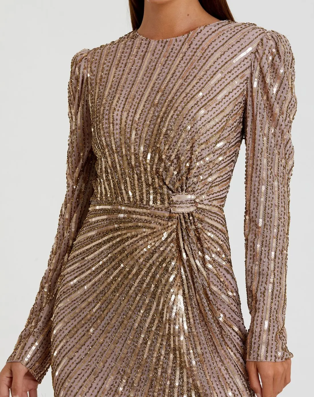 Brown Embellished Puff Sleeve Side Knot Gown - Image 2