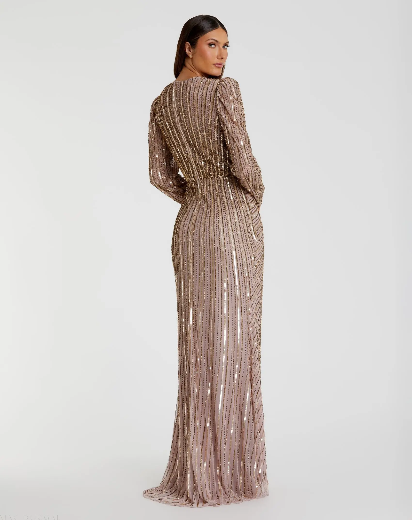 Brown Embellished Puff Sleeve Side Knot Gown - Image 3