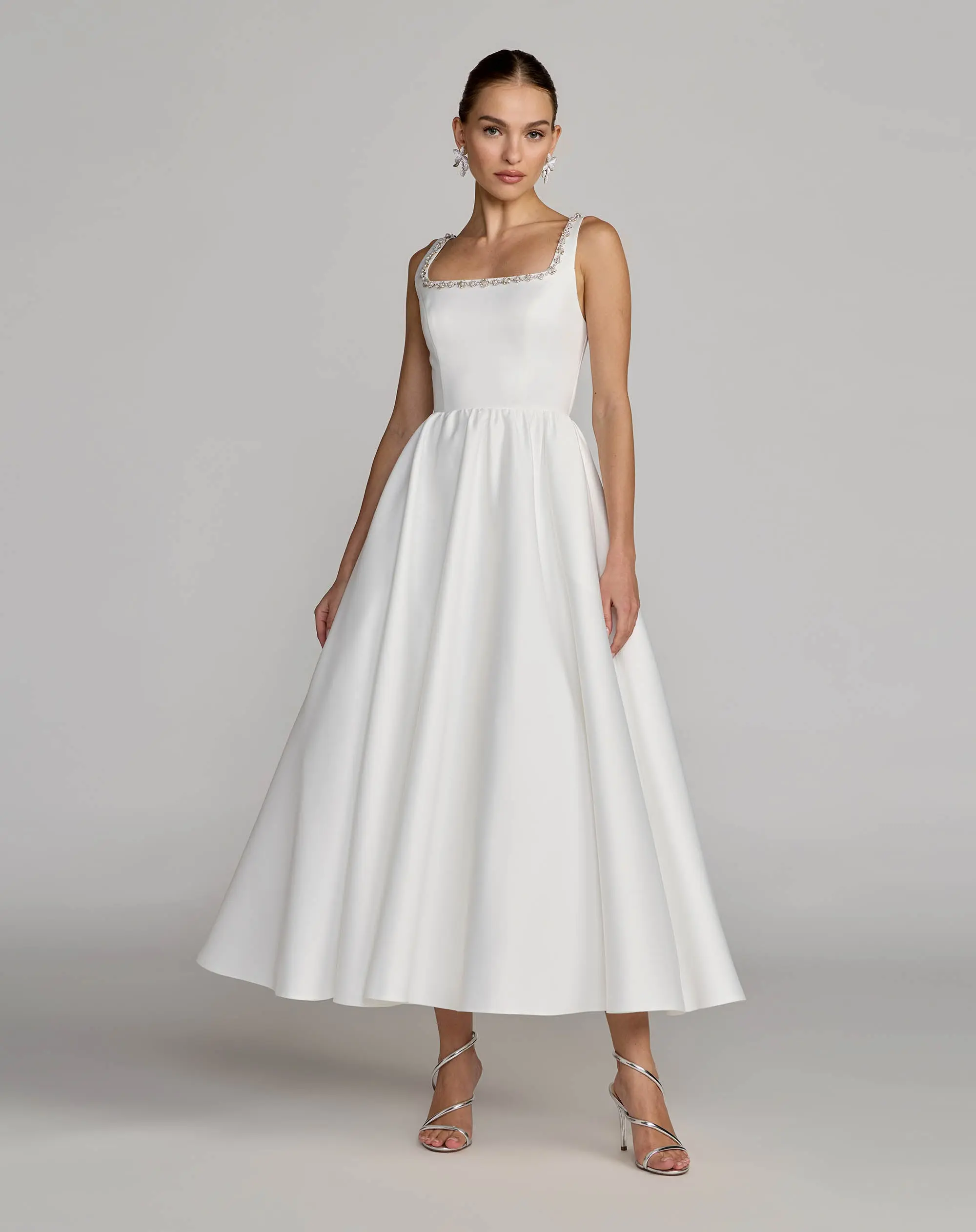 White Embellished Square Neck A-Line Midi Dress