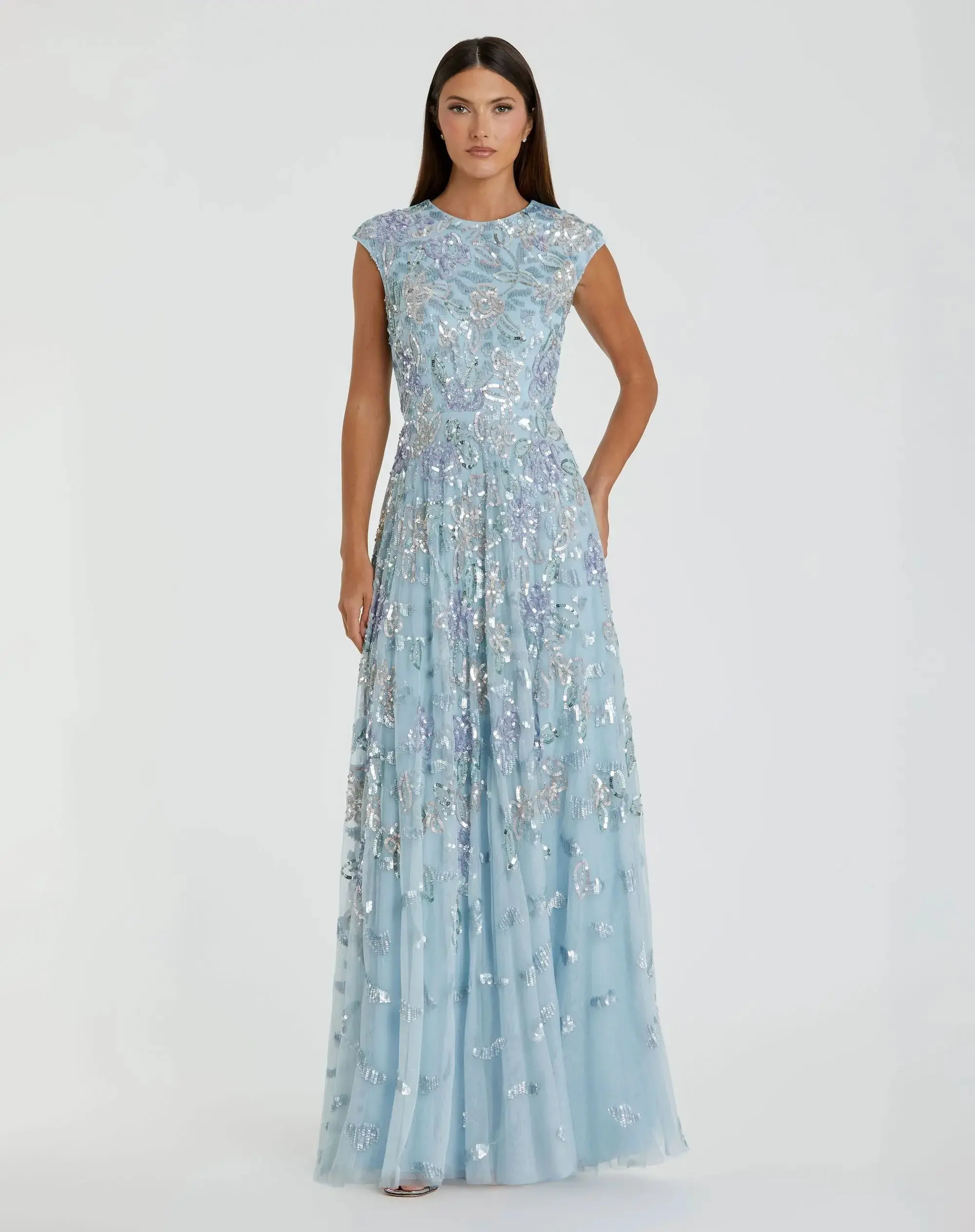 Blue Sequined High Neck Cap Sleeve A Line Gown