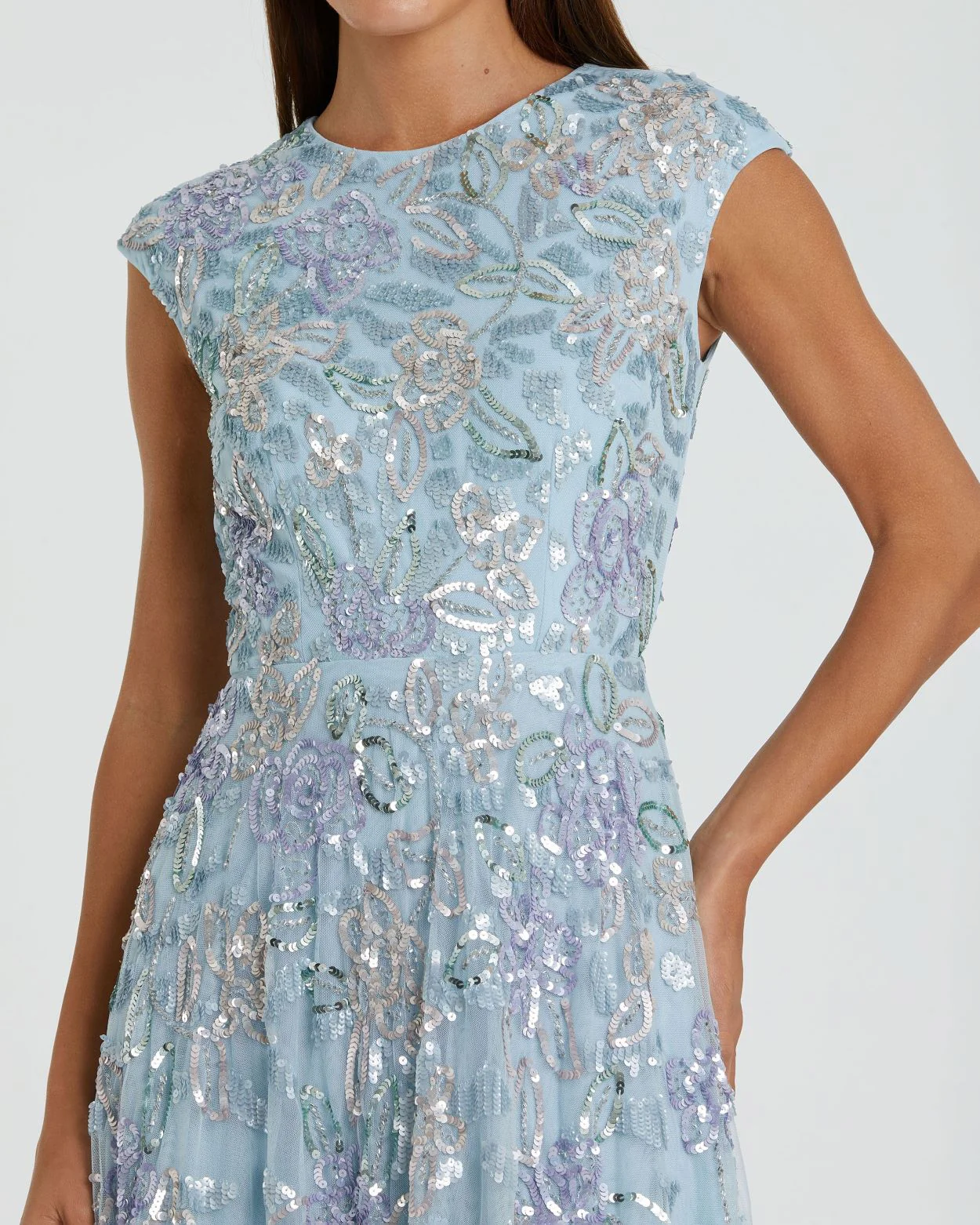 Blue Sequined High Neck Cap Sleeve A Line Gown - Image 2