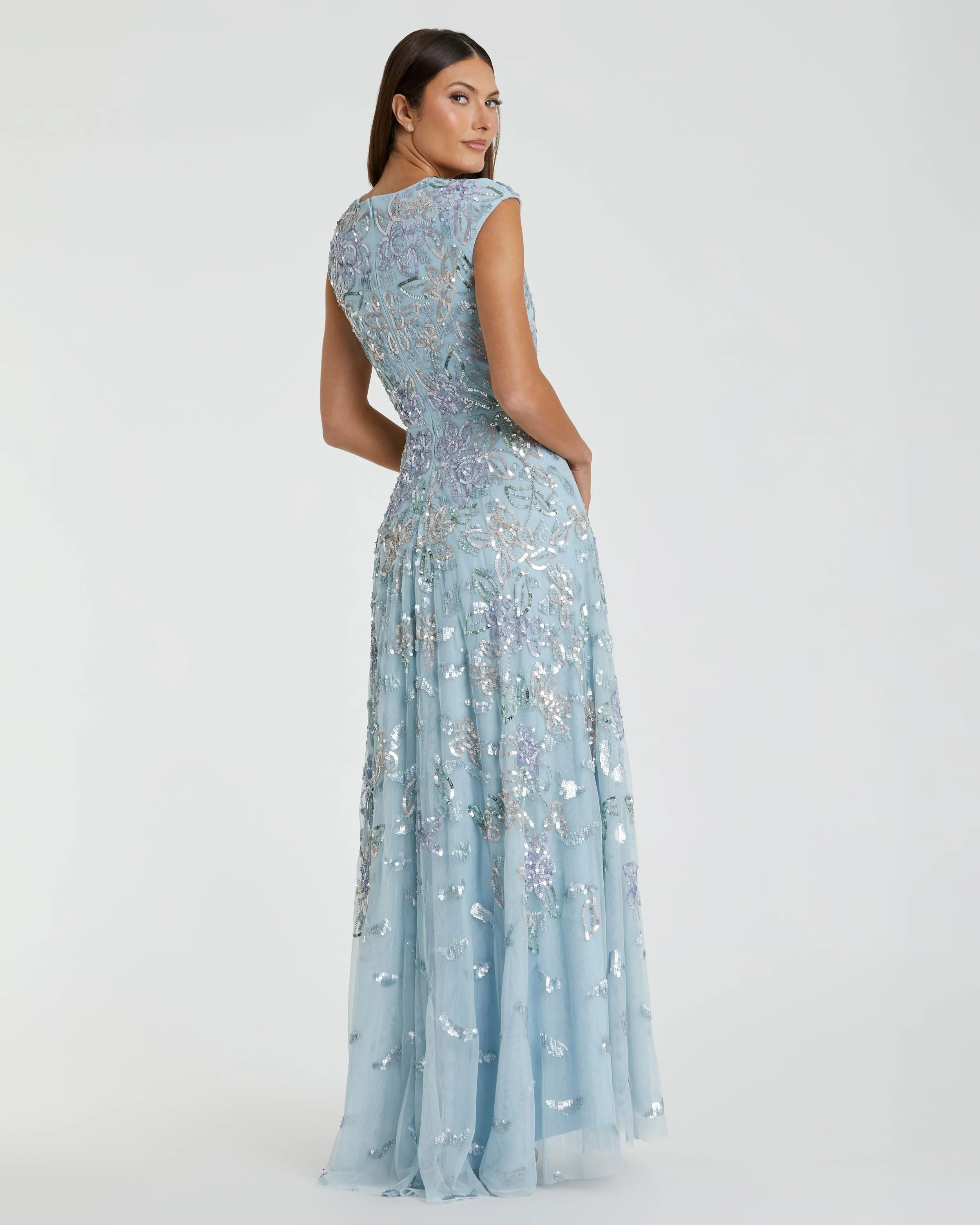 Blue Sequined High Neck Cap Sleeve A Line Gown - Image 3