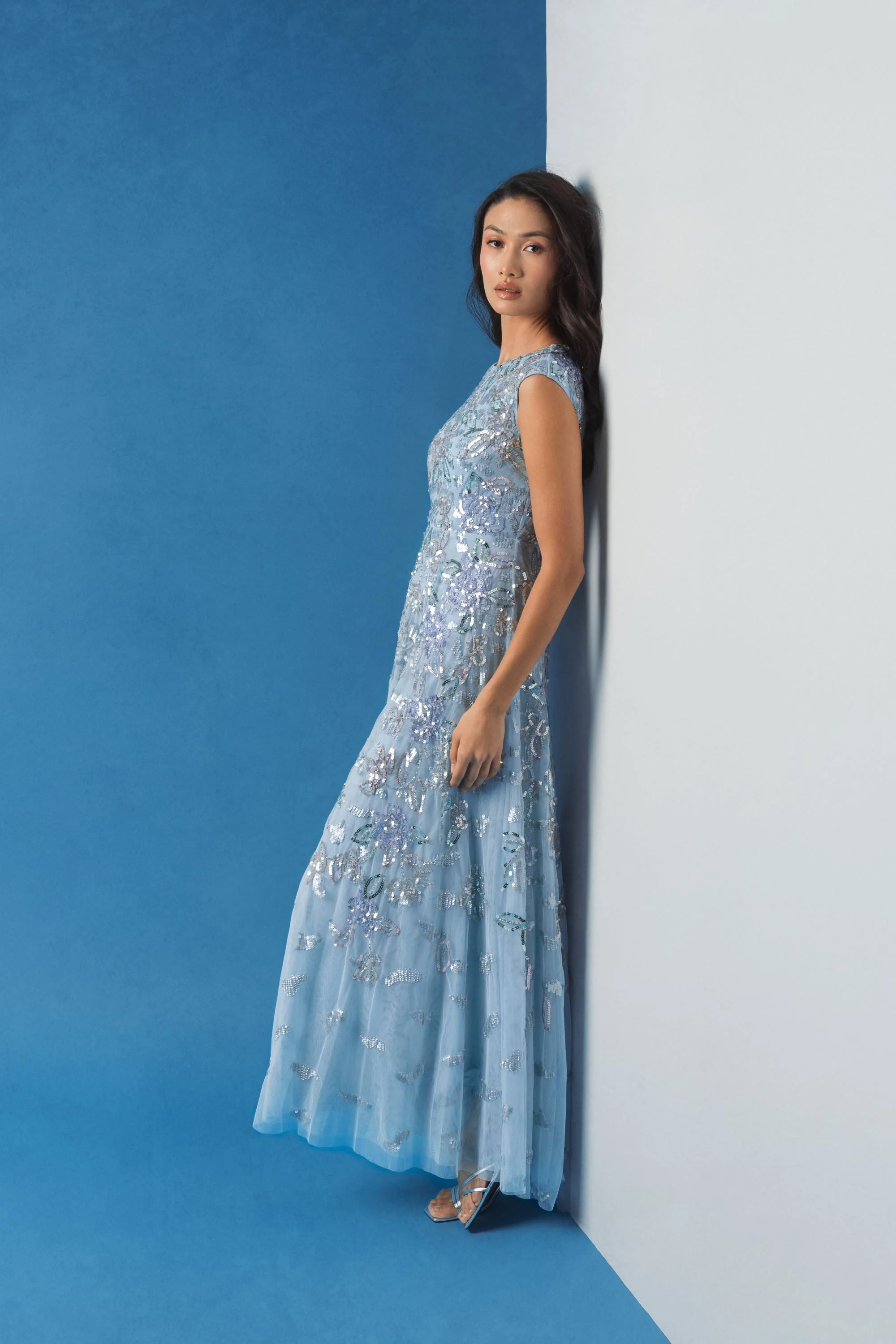 Blue Sequined High Neck Cap Sleeve A Line Gown - Image 6