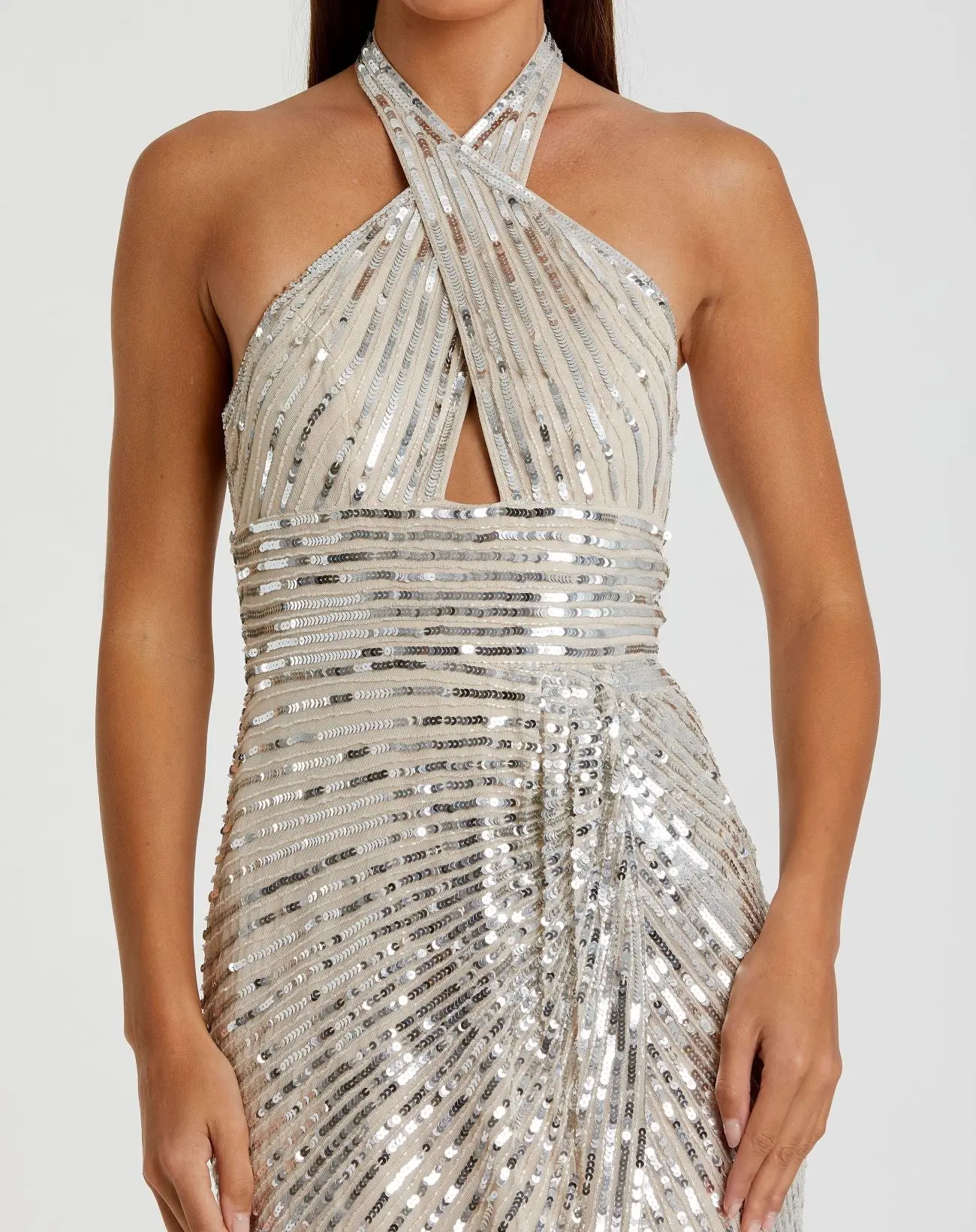 Silver Sequin Halter Keyhole Column Gown - Image 3
