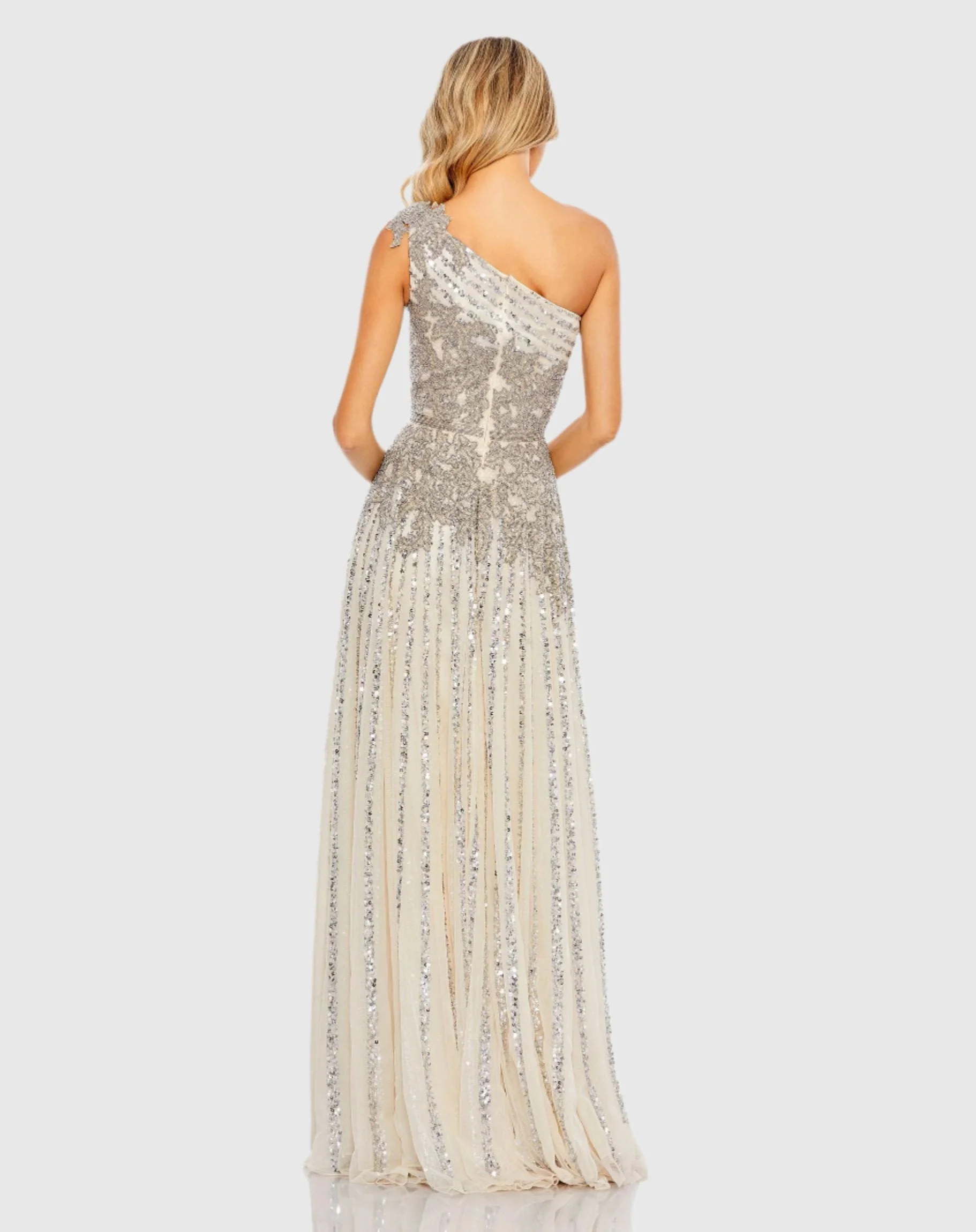 Silver Beaded Embellished One Shoulder A Line Gown - Image 3