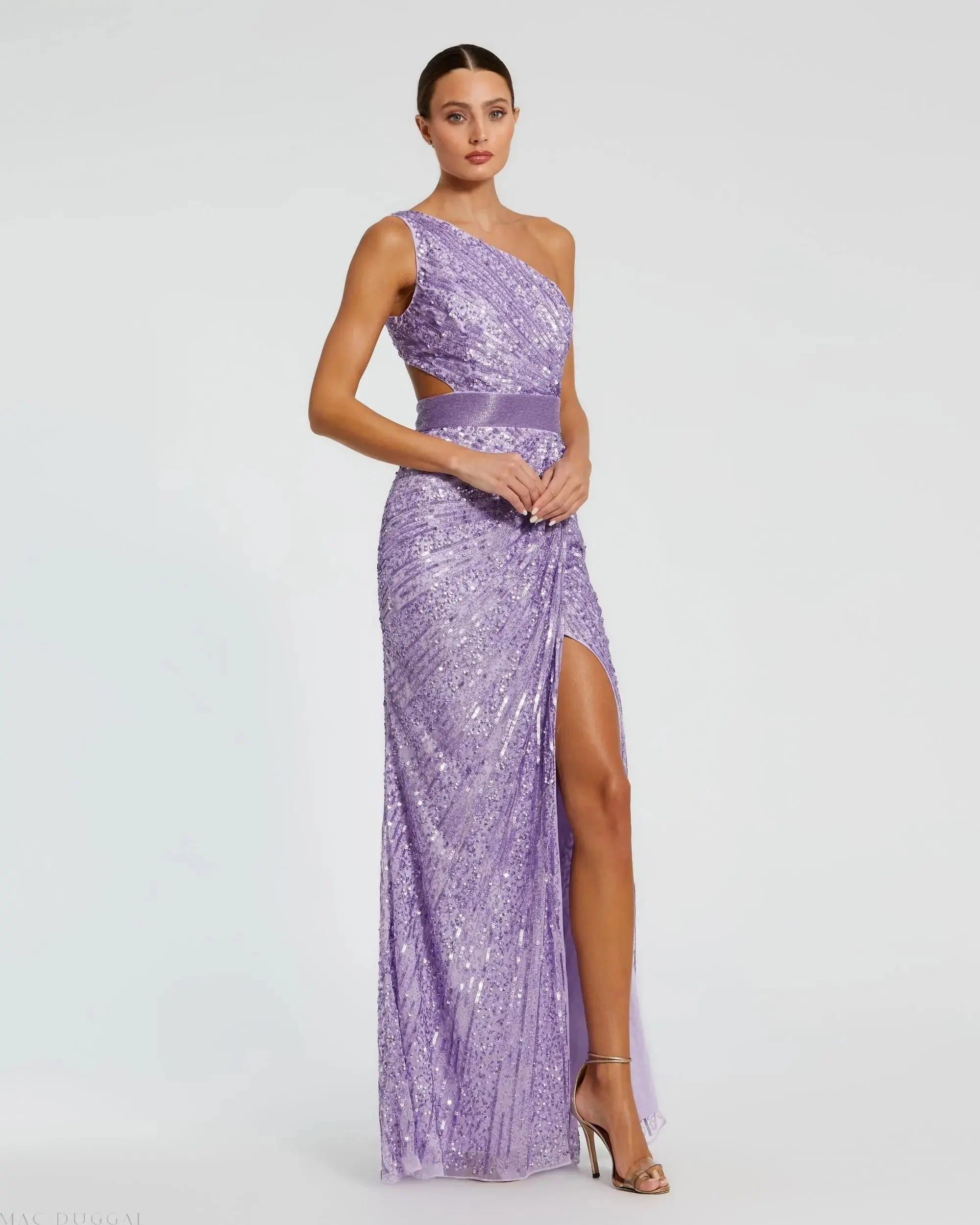 Purple Sequined One Shoulder Draped Lace Up Gown
