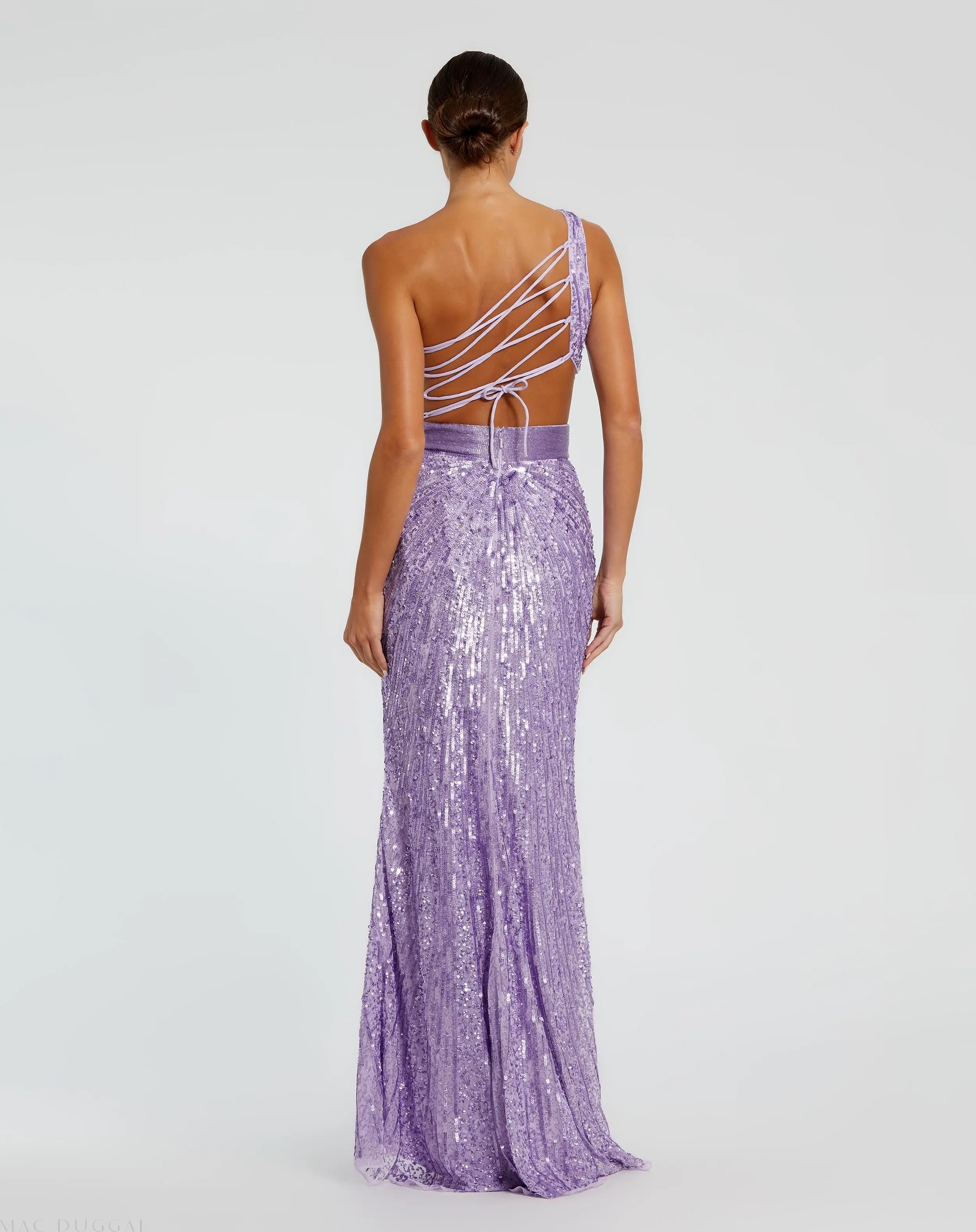 Purple Sequined One Shoulder Draped Lace Up Gown - Image 2