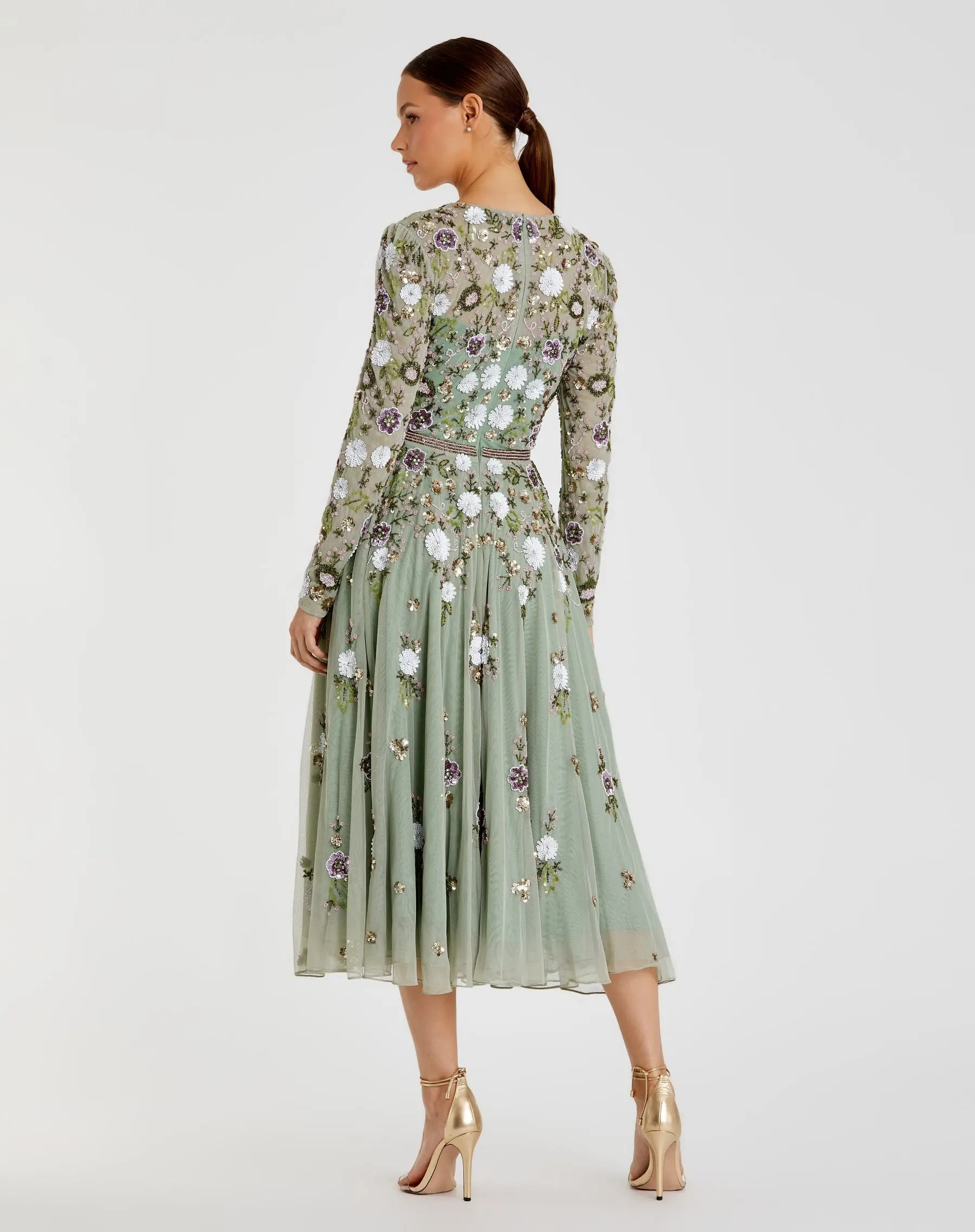 Green Sequined Floral Long Sleeve High Neck Midi Dress - Image 3