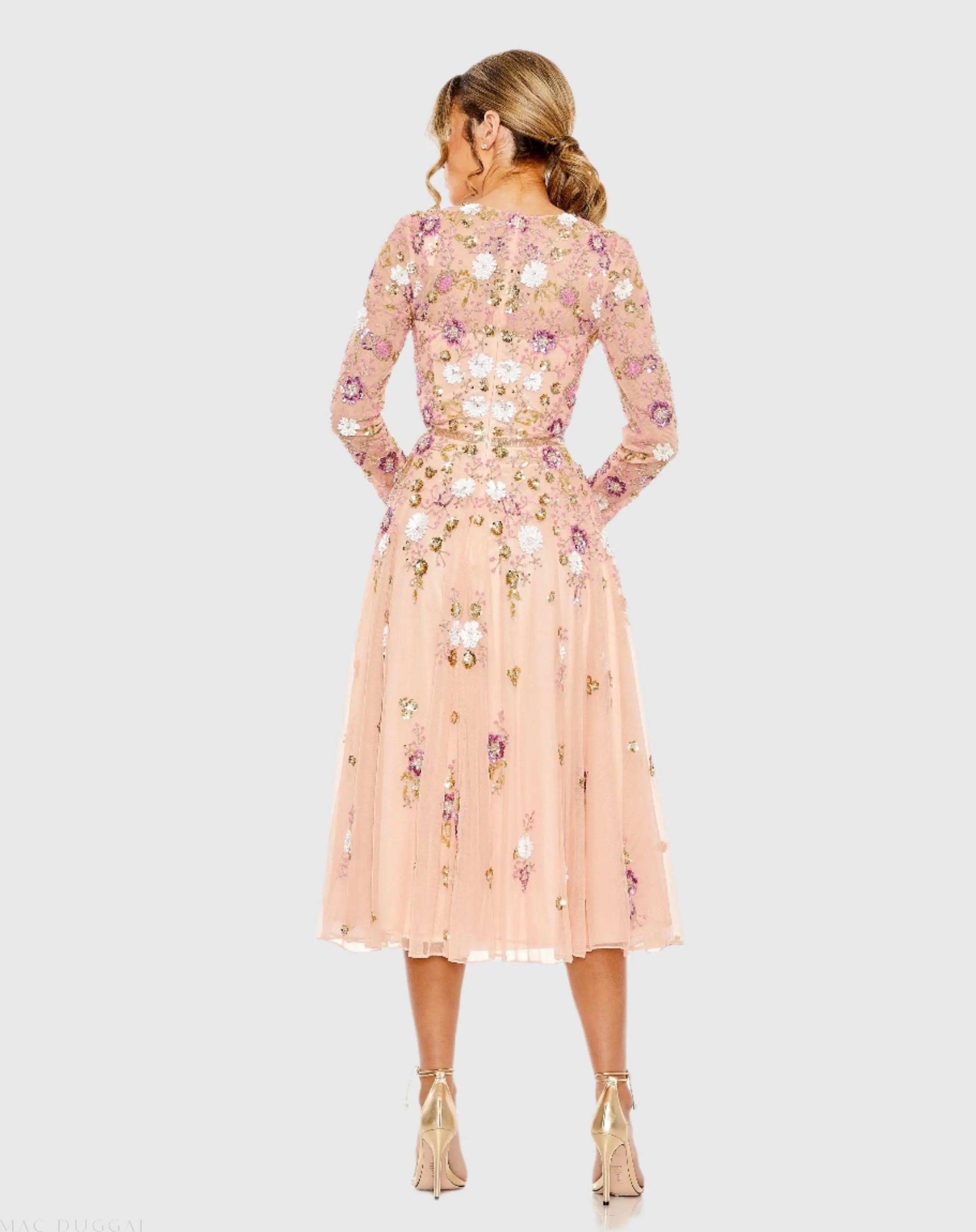 Pink Sequined Floral Long Sleeve High Neck Midi Dress - Image 3