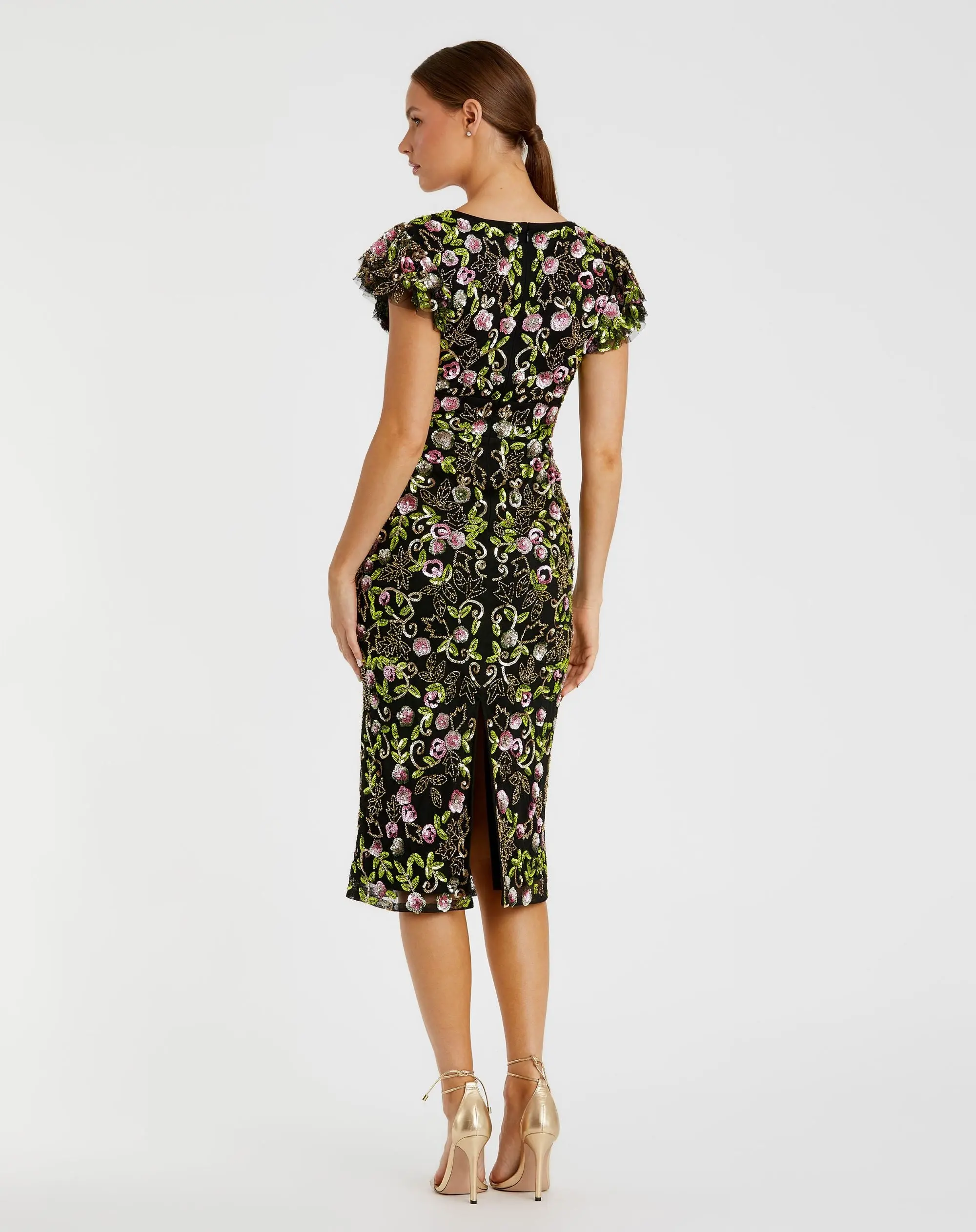 Black Floral Embellished Flutter Cap Sleeve Dress - Image 3