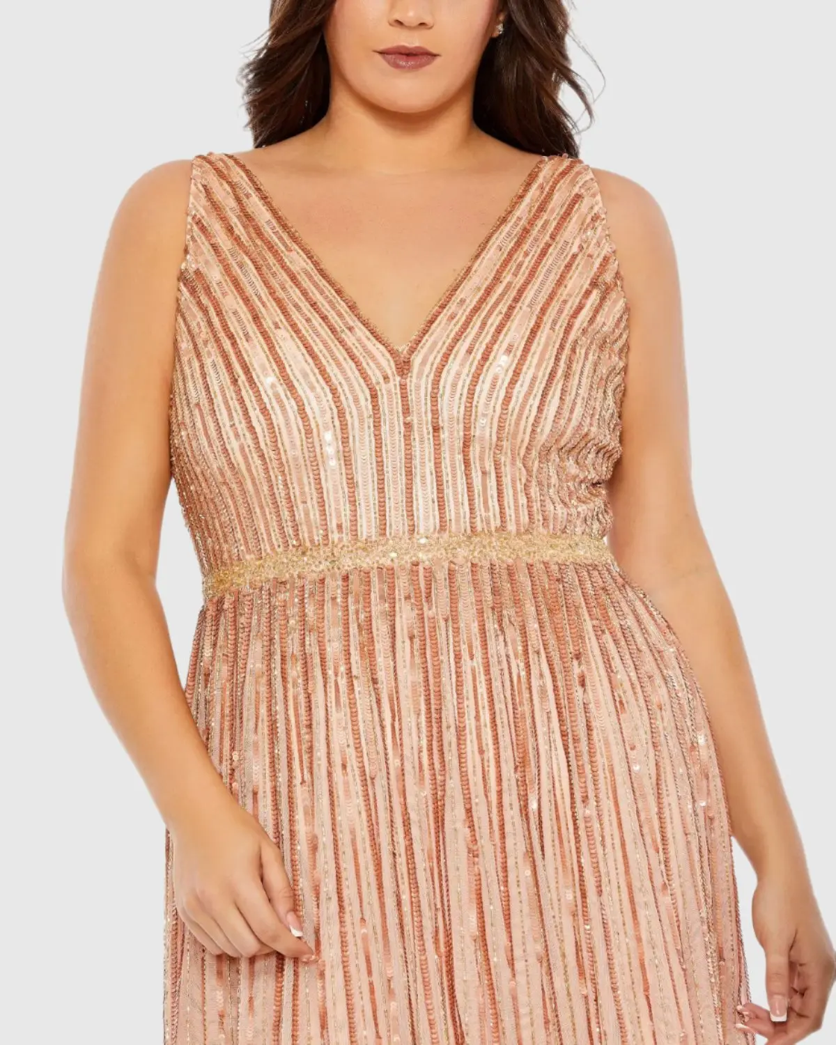 Pink Sequined Striped Sleeveless V Neck A Line Gown (Plus) - Image 2