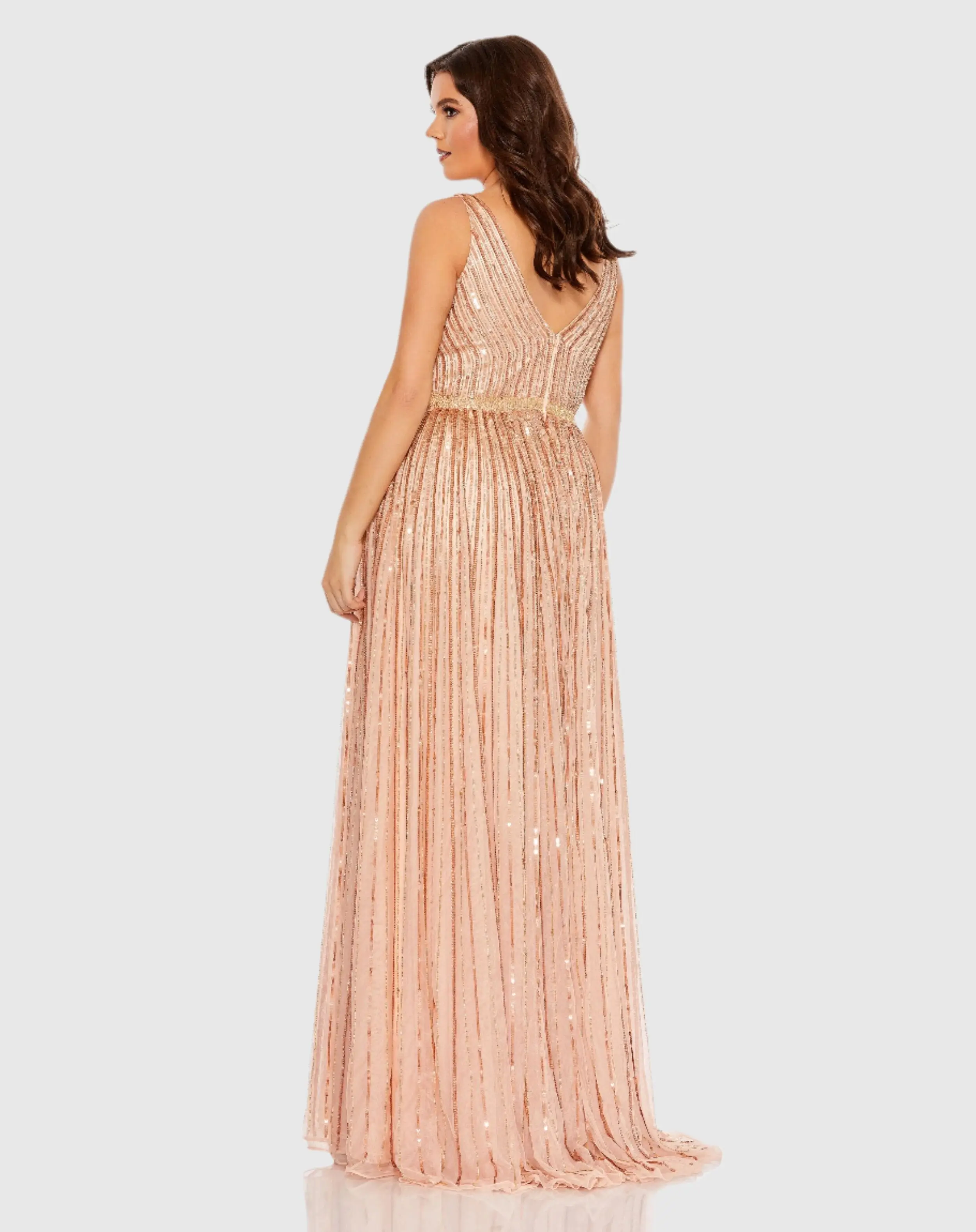 Pink Sequined Striped Sleeveless V Neck A Line Gown (Plus) - Image 3