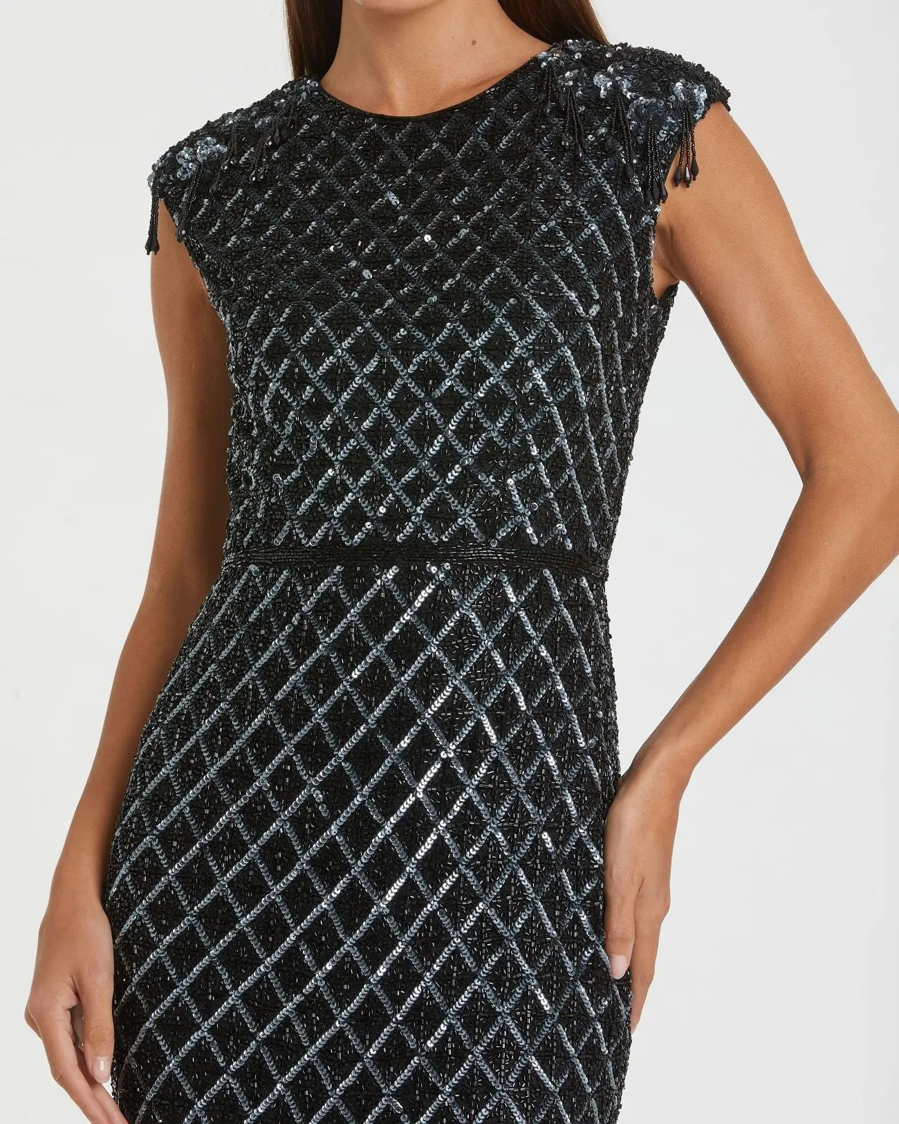 Black High Neck Dress w/ Crystal Fringe Detail - Image 2