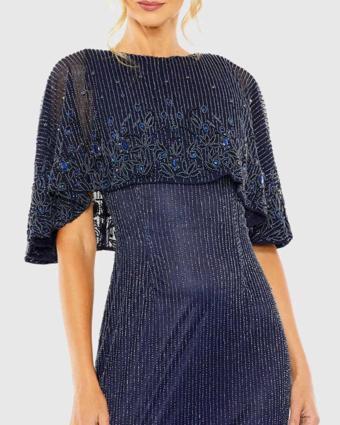 Navy High Neck Column Gown With Embellished Cape - Image 2
