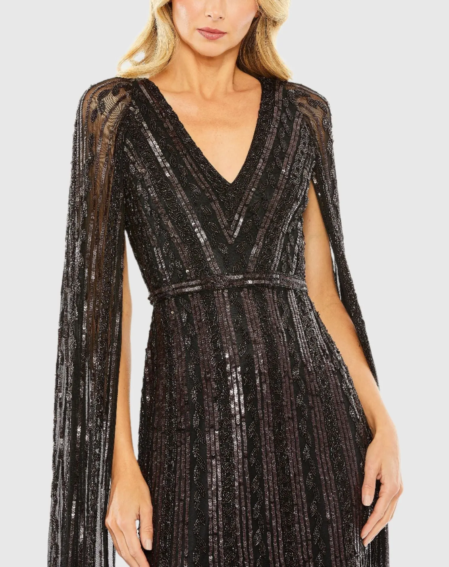 Black Sequined V-Neck Gown with Cape Sleeves - Image 2