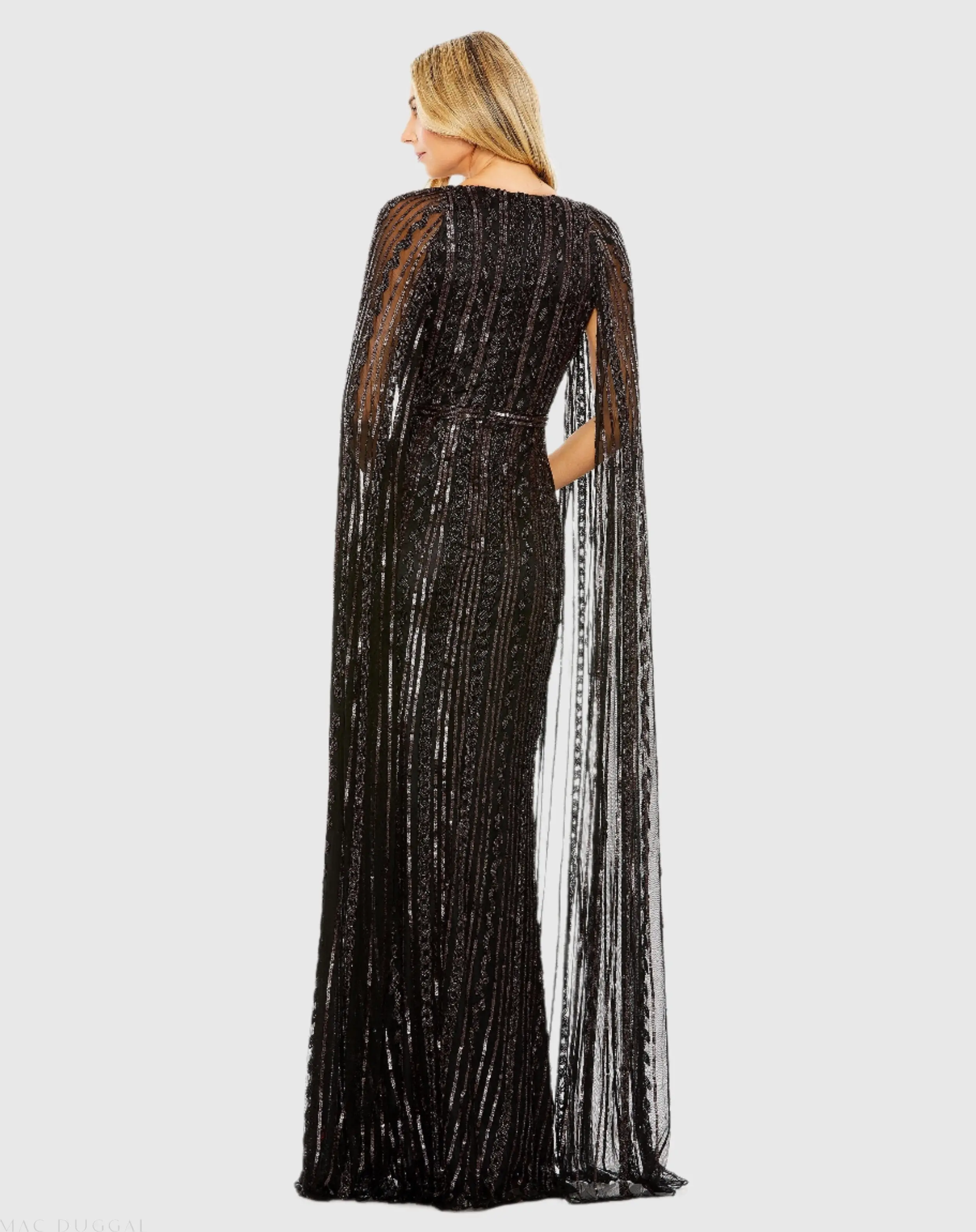 Black Sequined V-Neck Gown with Cape Sleeves - Image 3