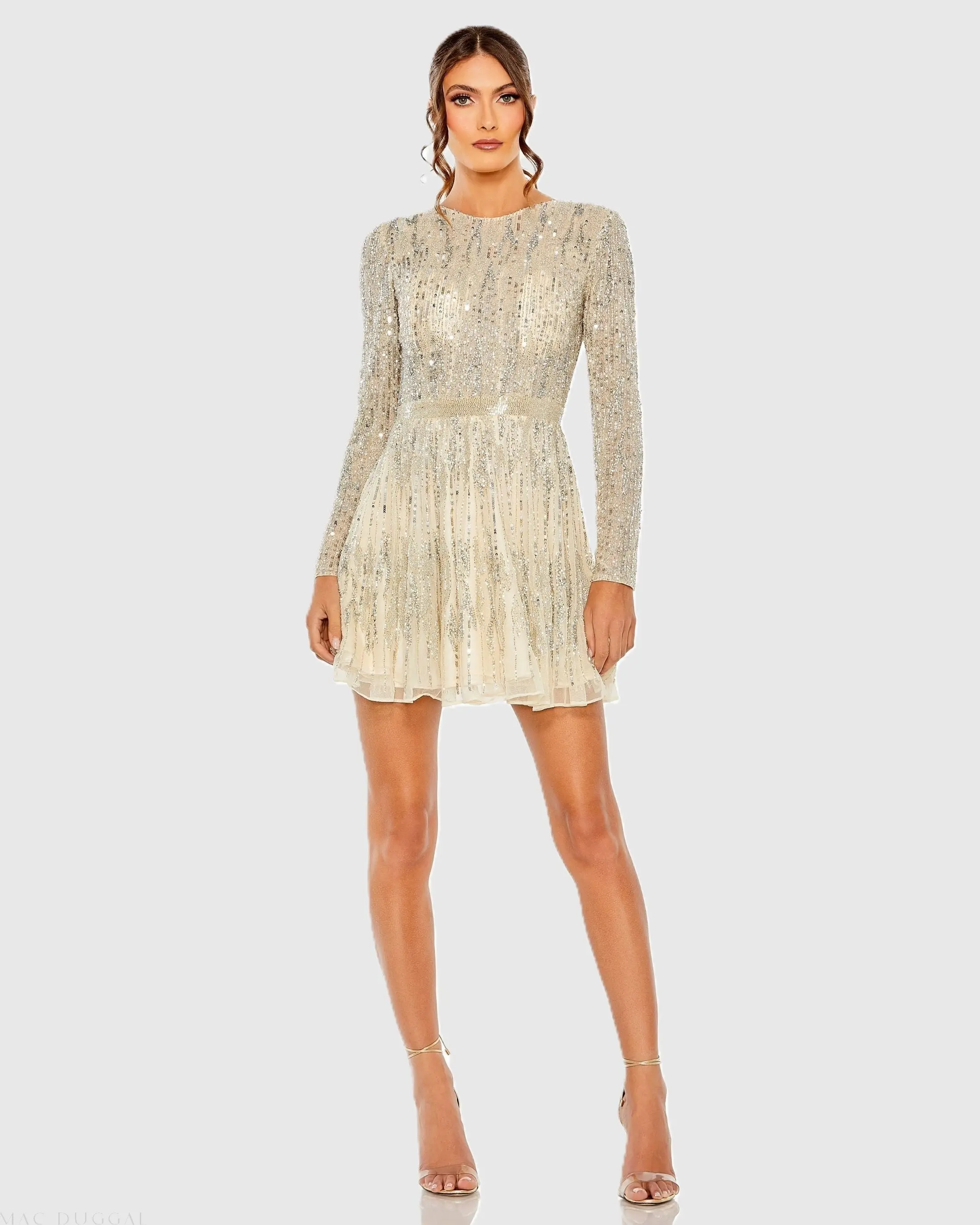 Ivory High Neck Long Sleeve A Line Mini Dress