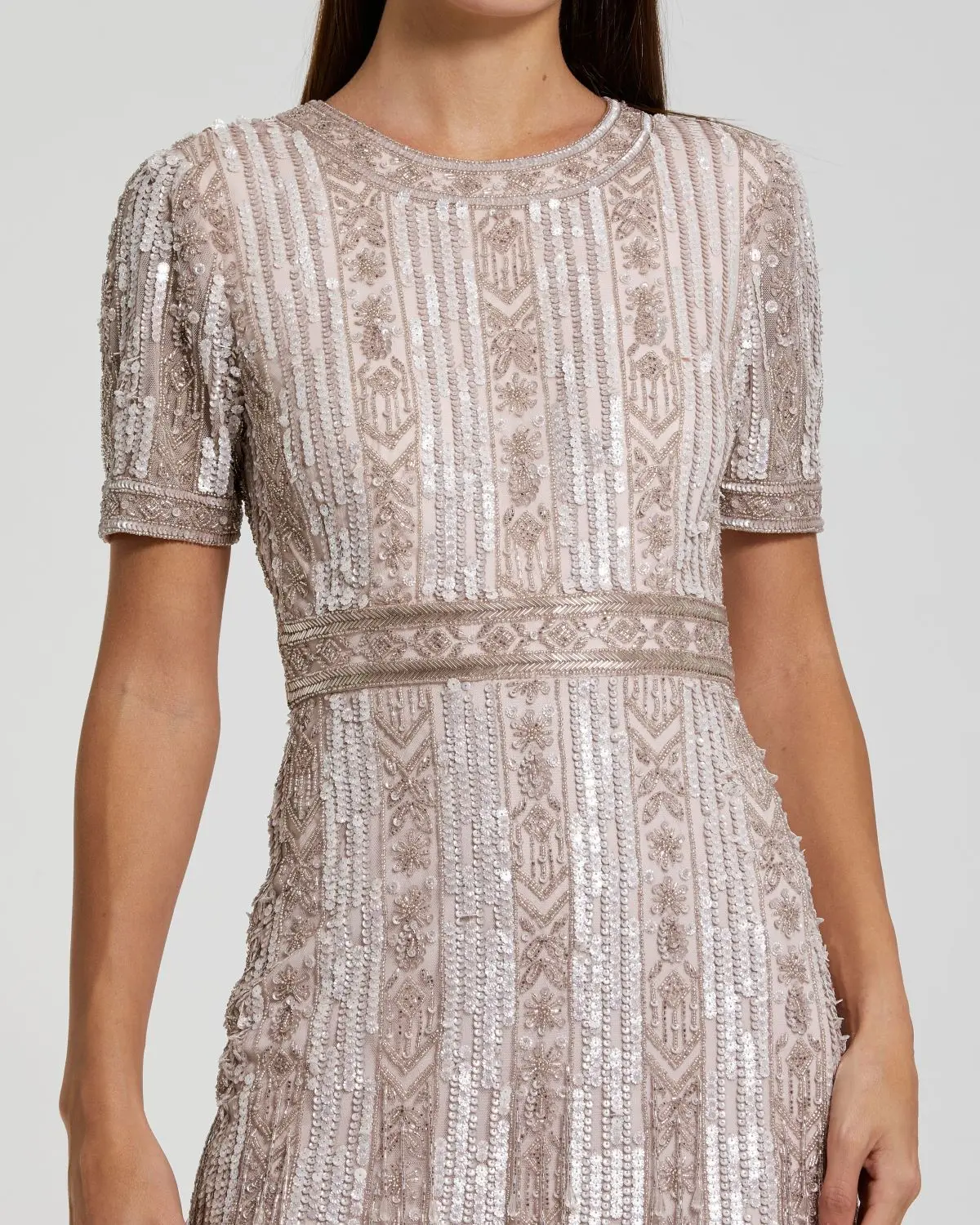 Pink High Neck Short Sleeve Crystal Fringe Sheath Dress - Image 2