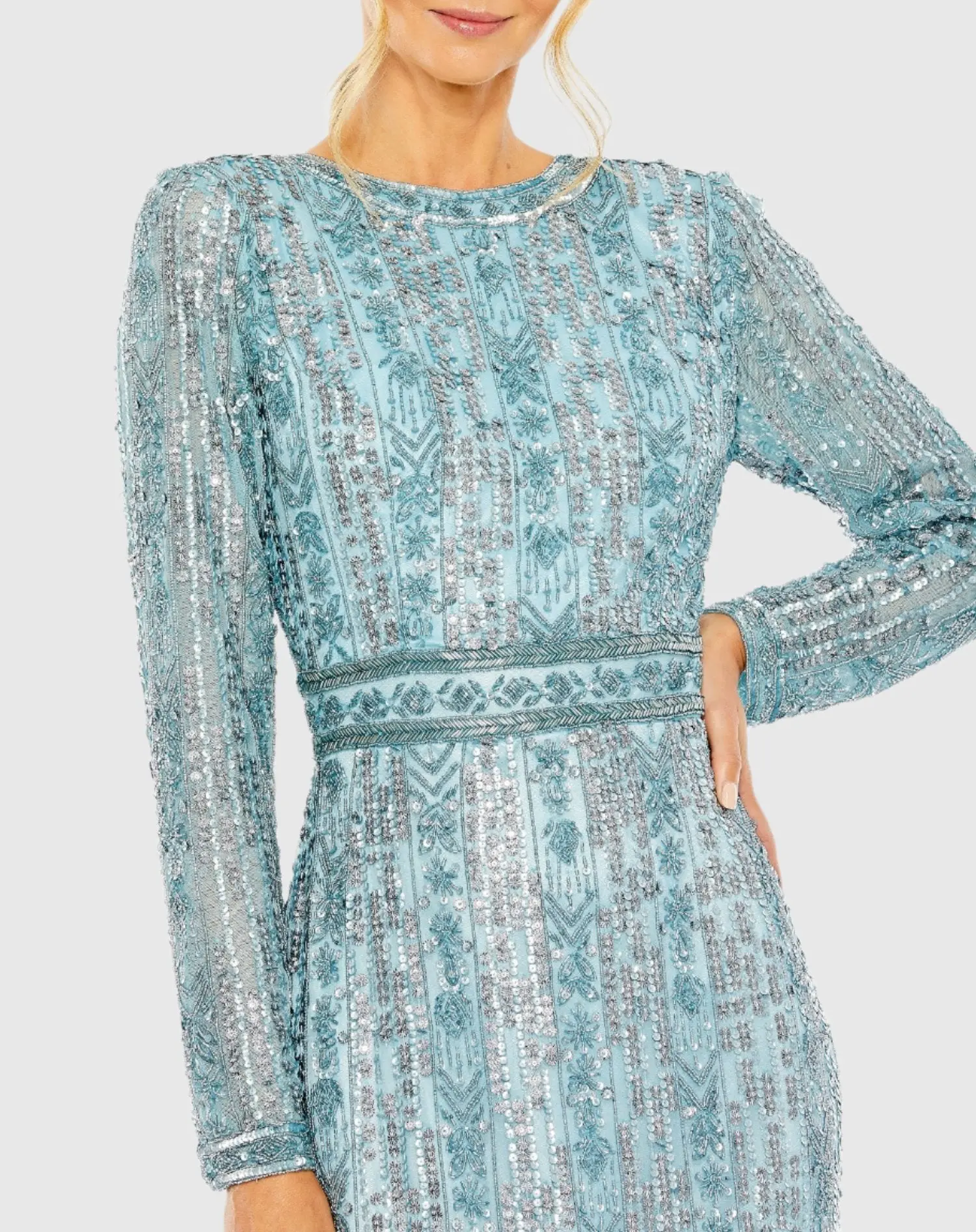 Blue Long Sleeve Beaded Gown with Crystal Fringe - Image 2