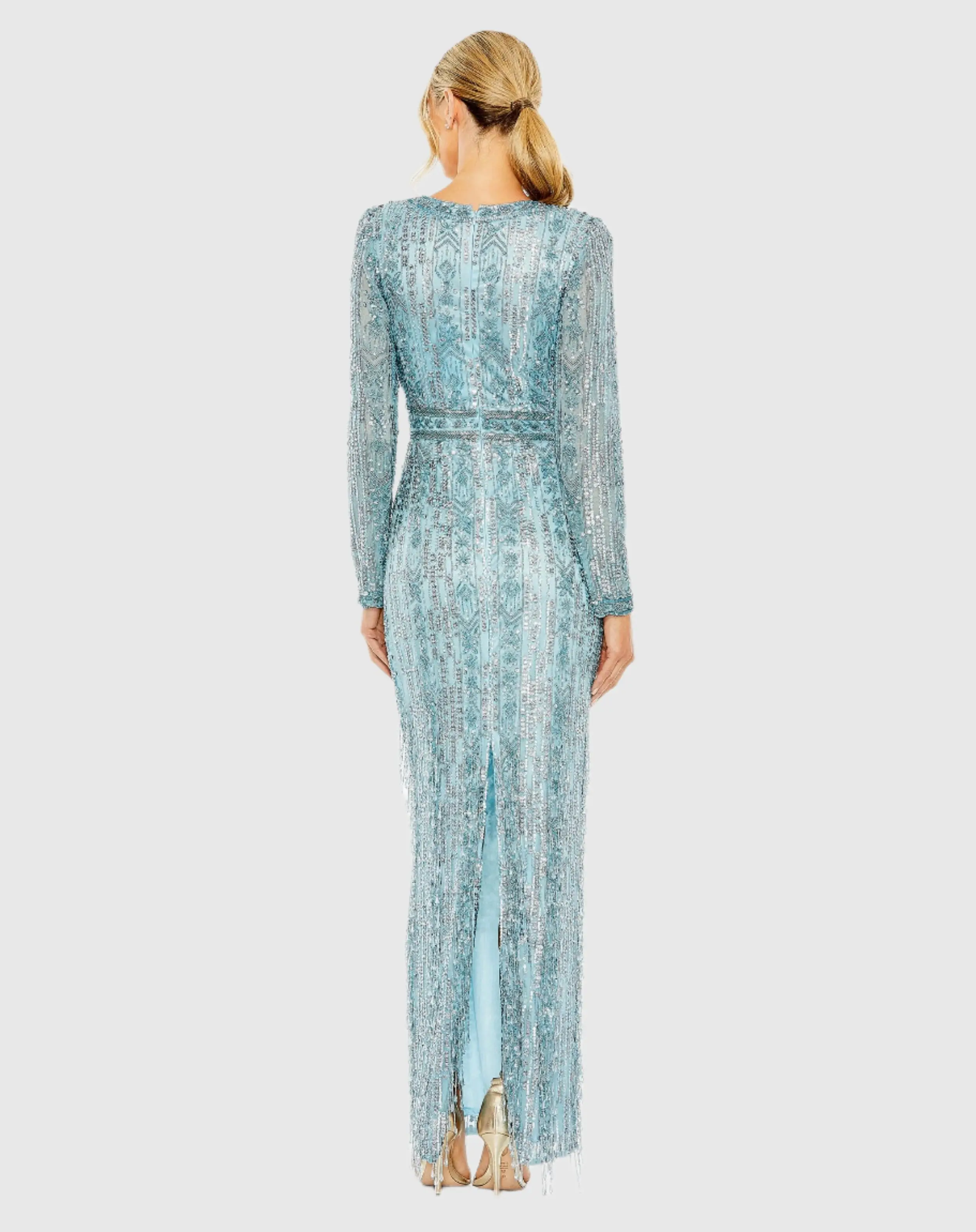 Blue Long Sleeve Beaded Gown with Crystal Fringe - Image 3