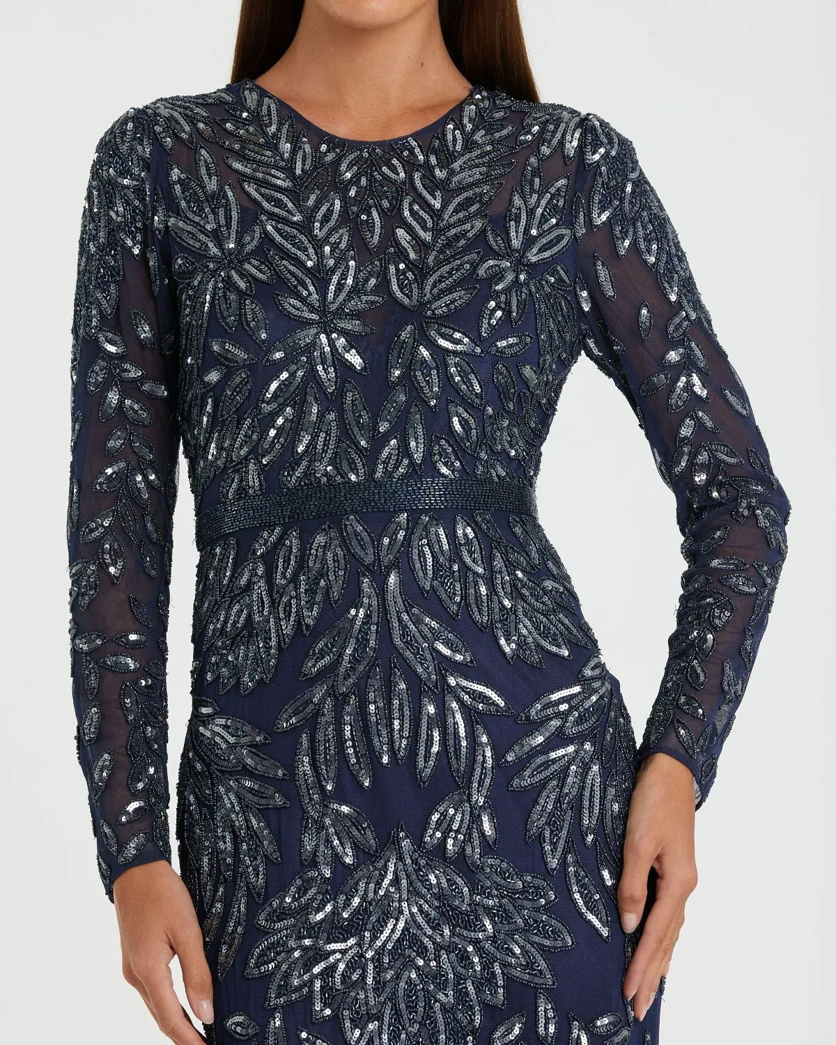 Navy Long Sleeve Illusion Neckline Embellished Gown - Image 2