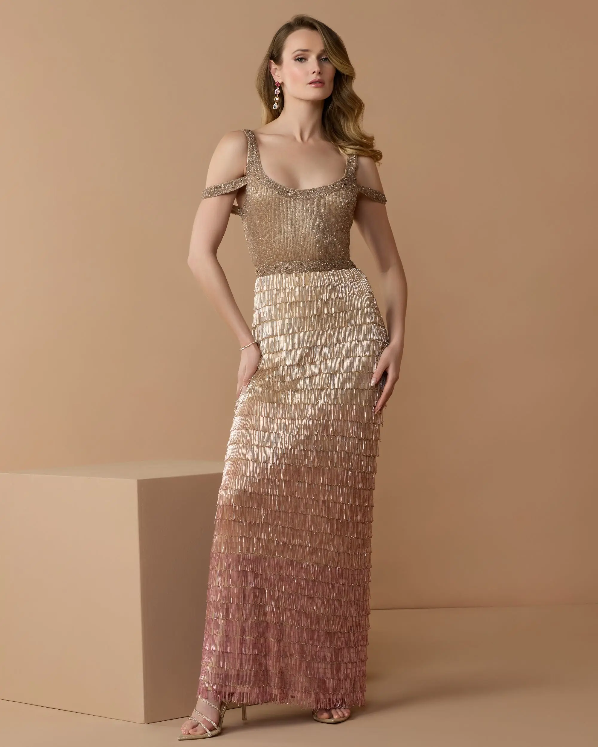 Pink Scoop Neck Embellished Fringe Ombre Gown - Image 2