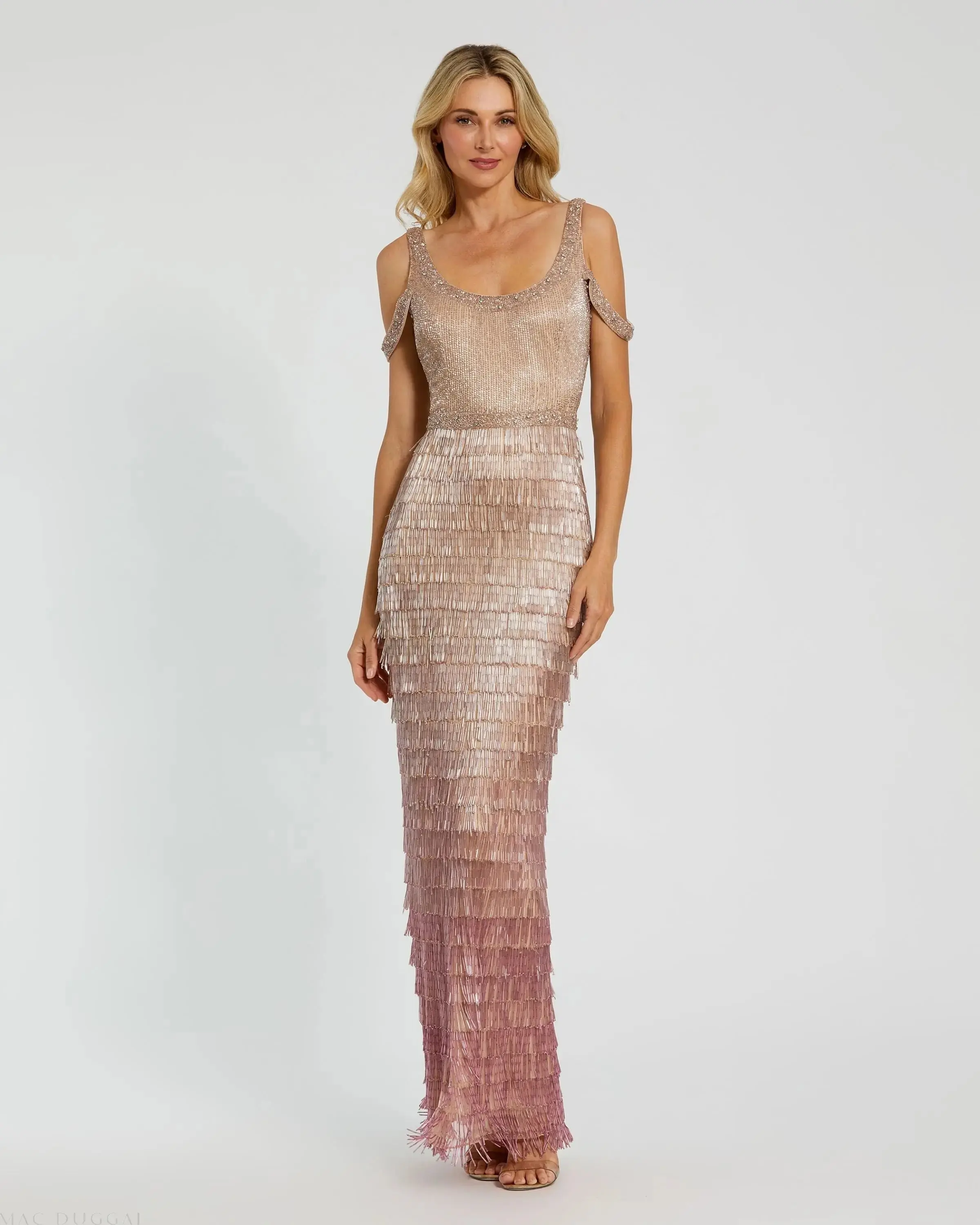 Pink Scoop Neck Embellished Fringe Ombre Gown - Image 4