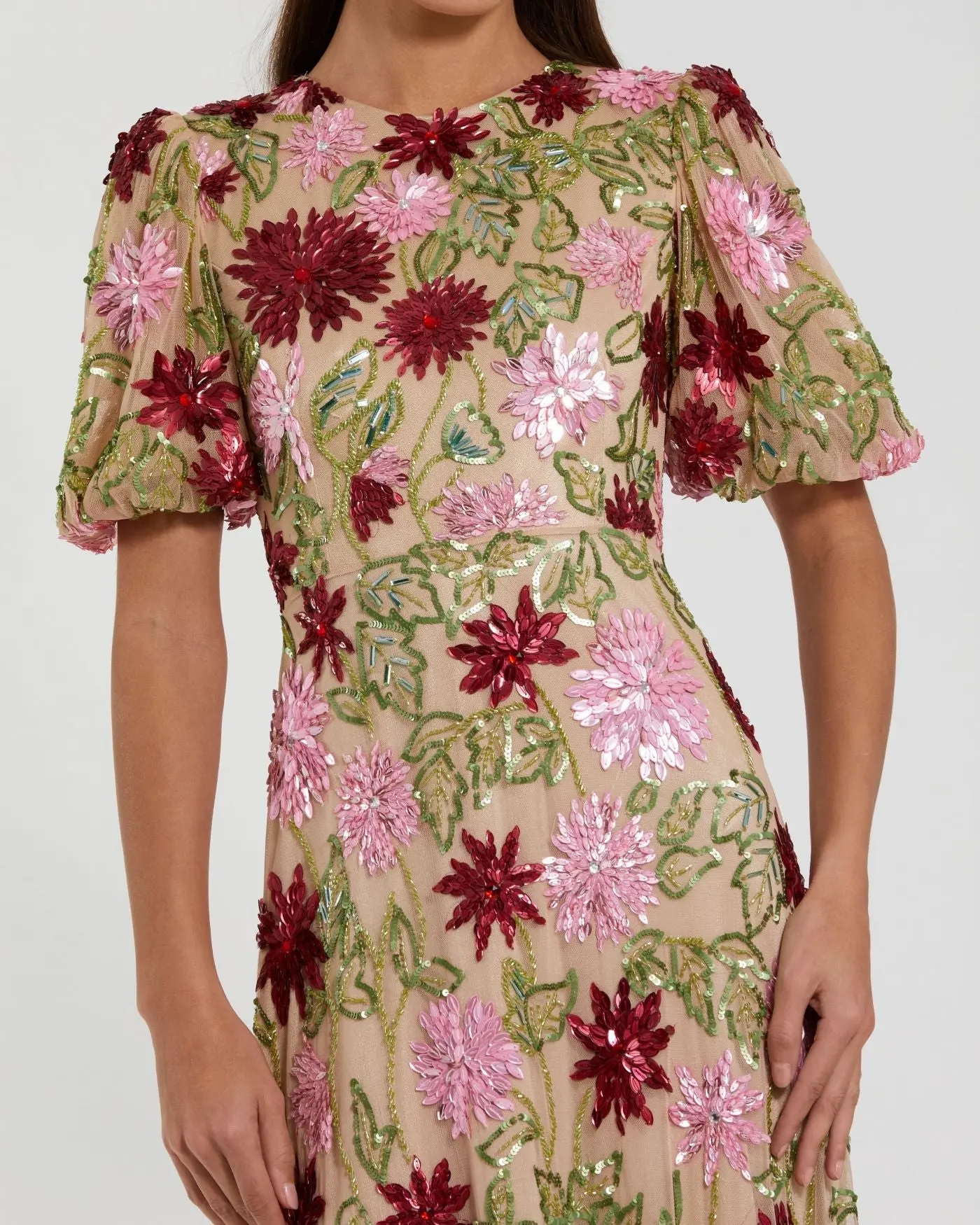 Beige Floral Beaded Mesh Puff Sleeve Gown - Image 2