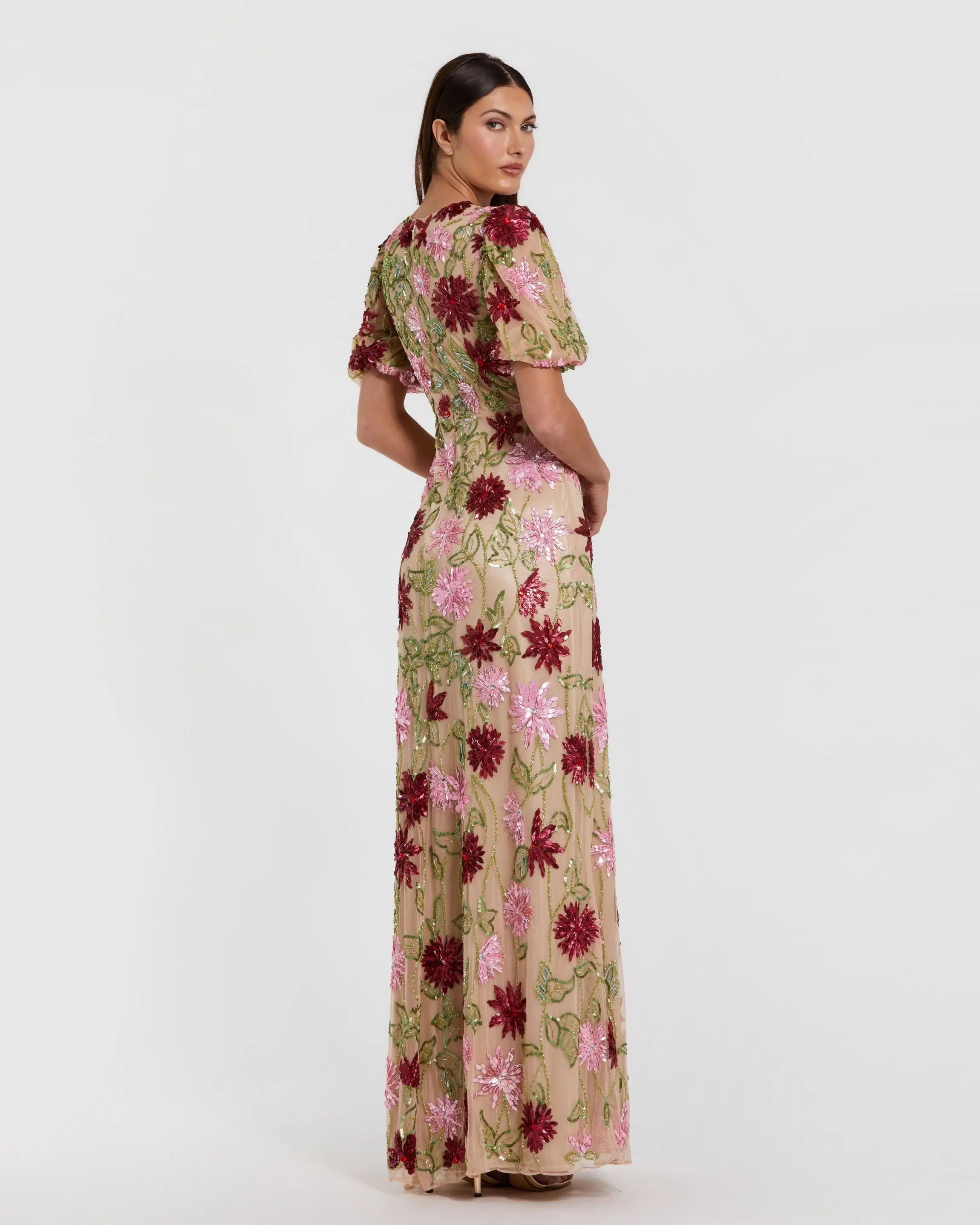 Beige Floral Beaded Mesh Puff Sleeve Gown - Image 3