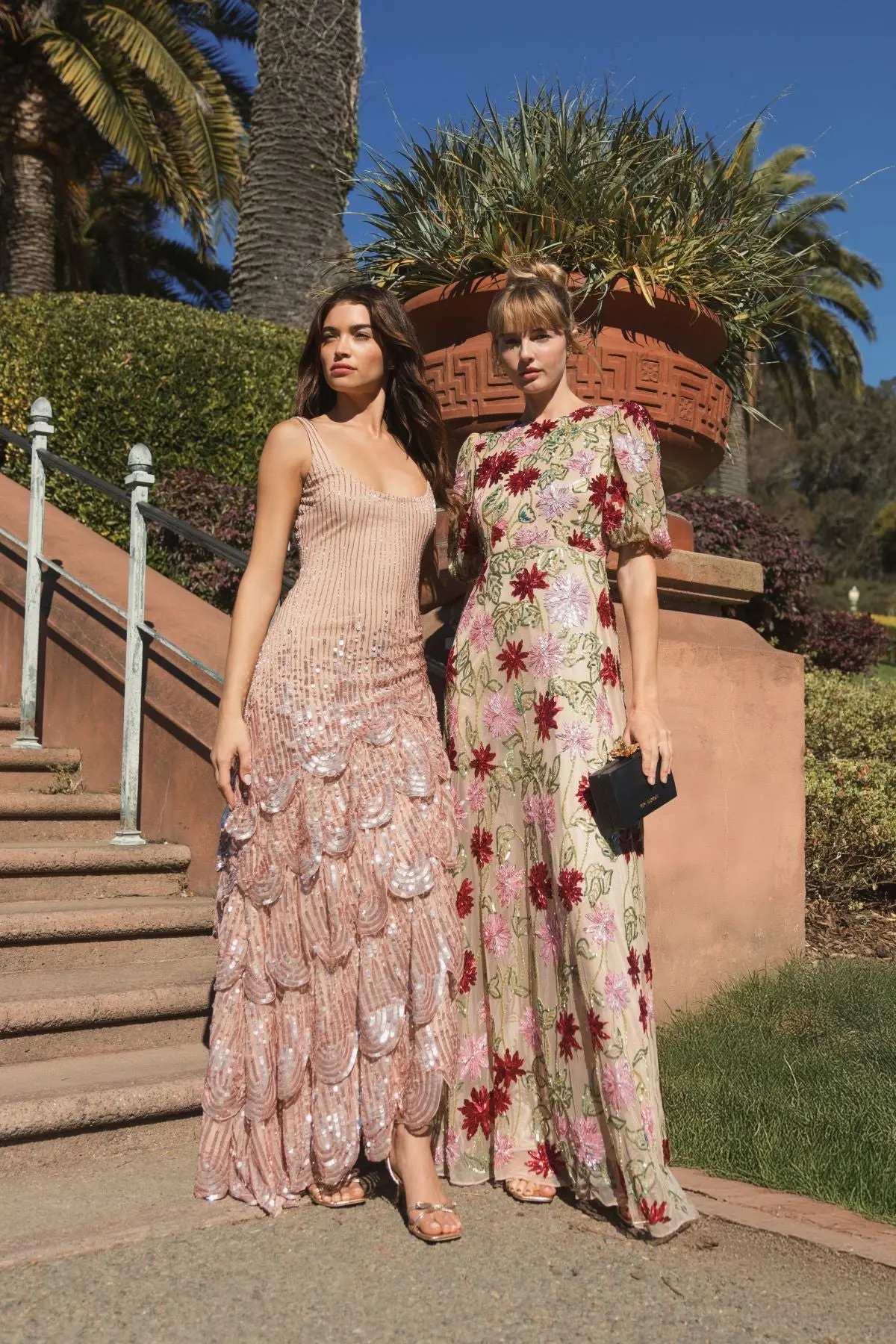 Beige Floral Beaded Mesh Puff Sleeve Gown - Image 4