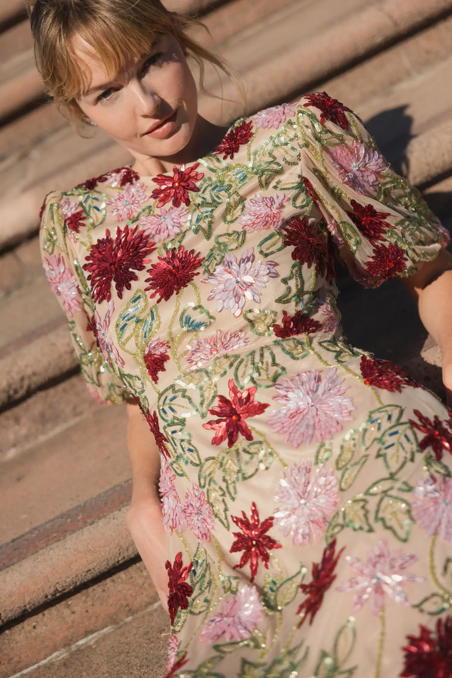 Beige Floral Beaded Mesh Puff Sleeve Gown - Image 5