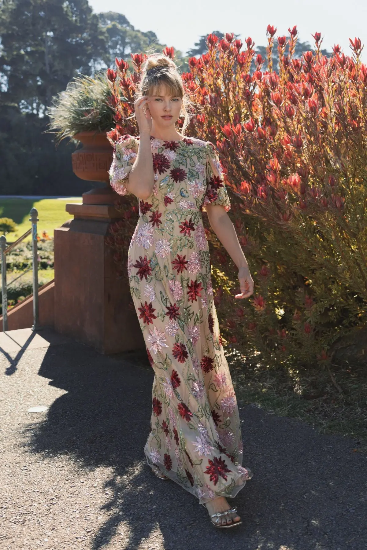 Beige Floral Beaded Mesh Puff Sleeve Gown - Image 6